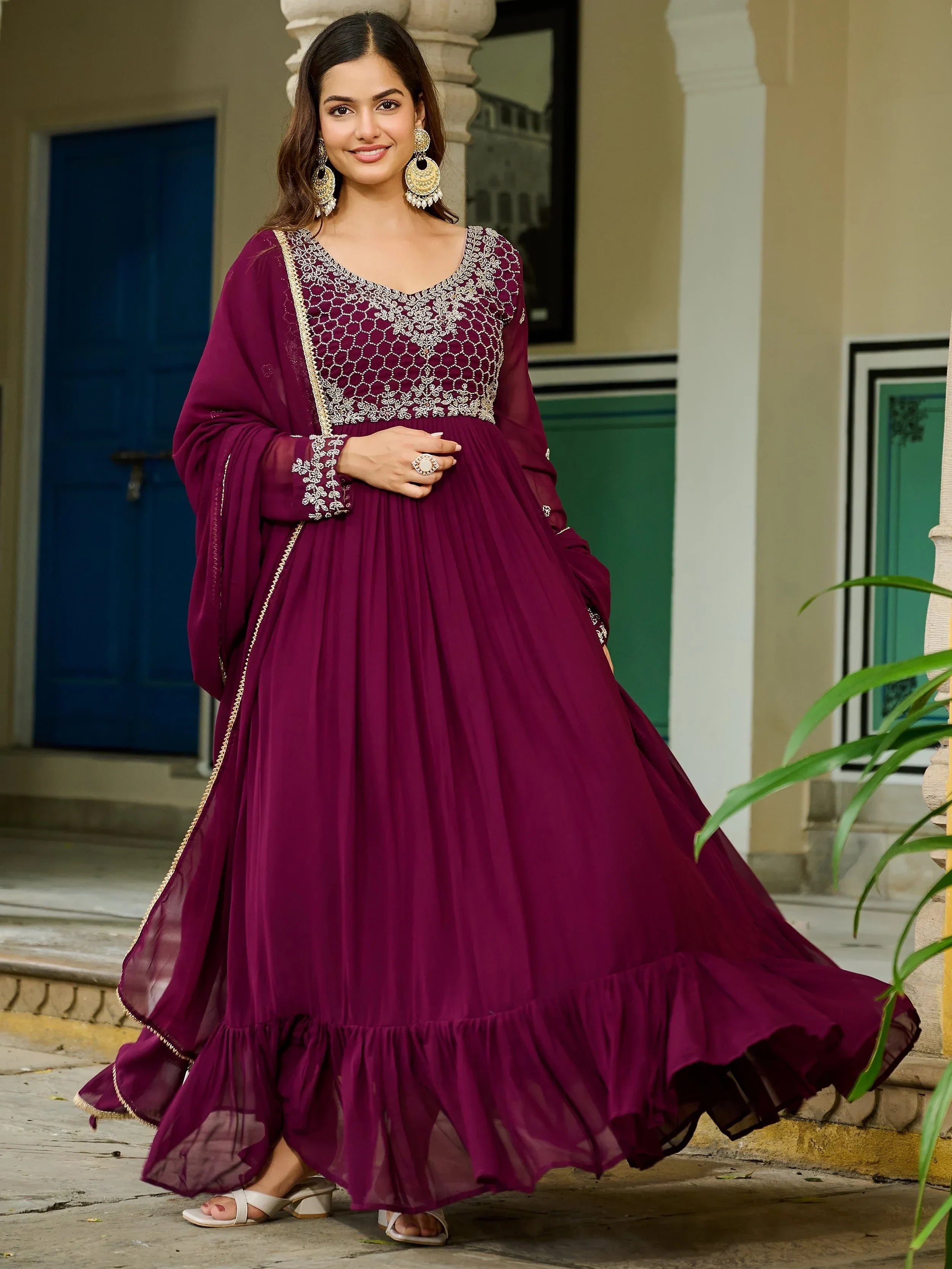 Stunning Maroon Embroidered Georgette Festive Wear Gown With Dupatta