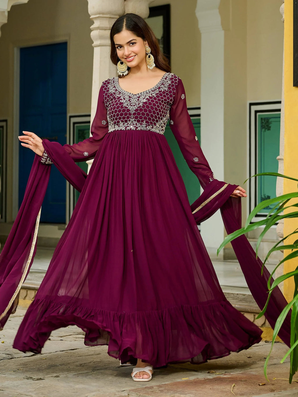 Stunning Maroon Embroidered Georgette Festive Wear Gown With Dupatta