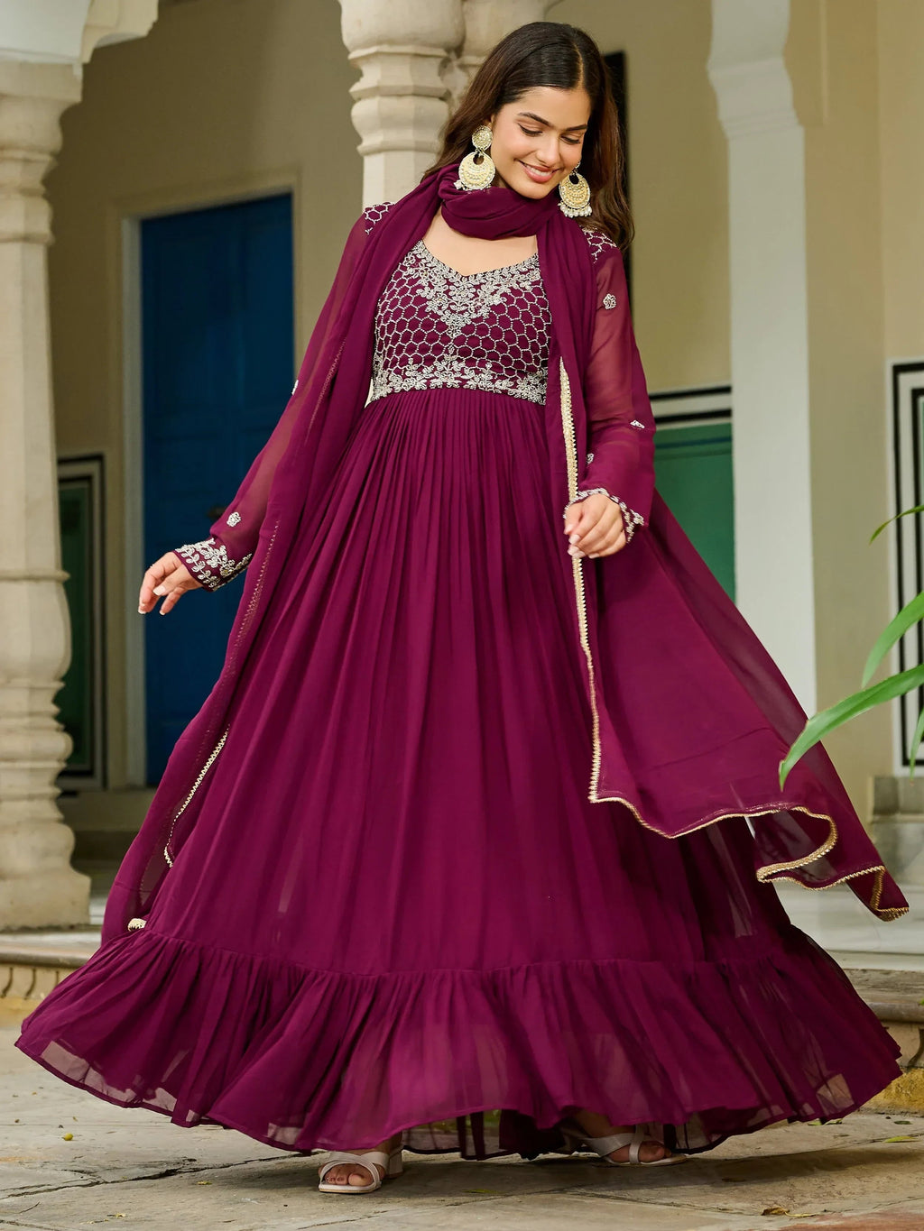 Stunning Maroon Embroidered Georgette Festive Wear Gown With Dupatta