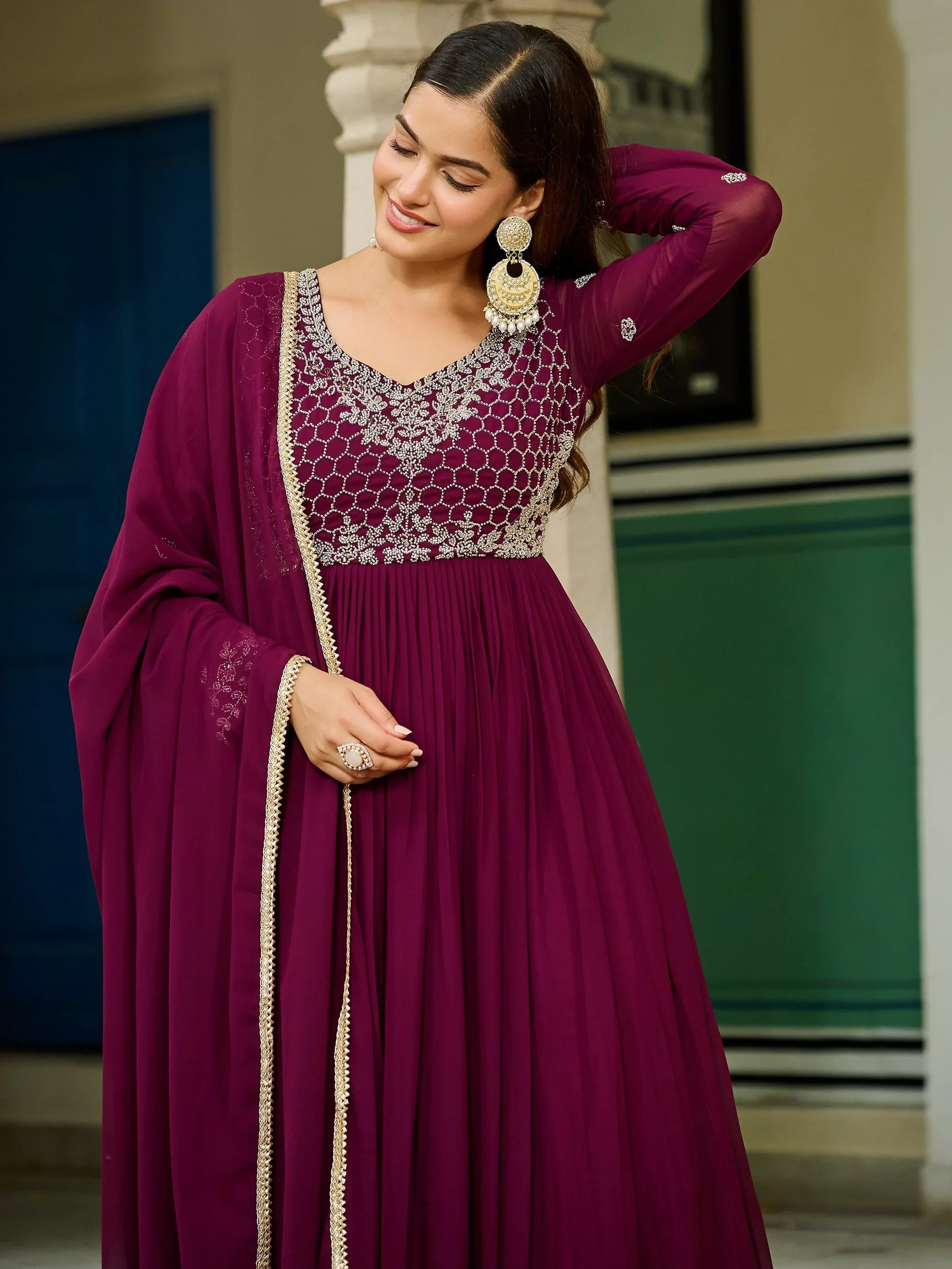 Stunning Maroon Embroidered Georgette Festive Wear Gown With Dupatta