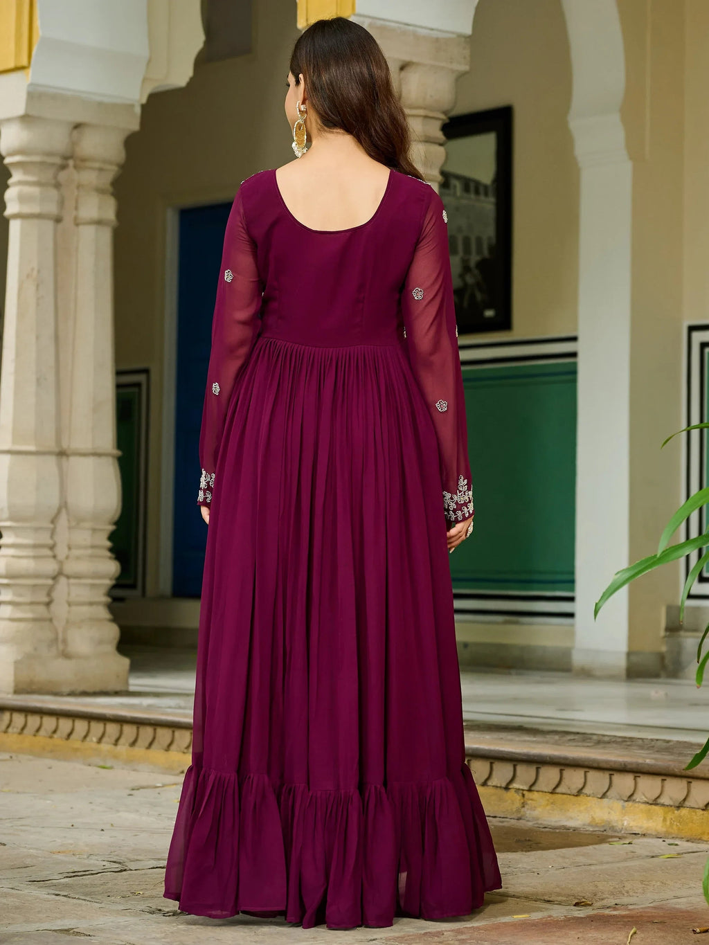 Stunning Maroon Embroidered Georgette Festive Wear Gown With Dupatta
