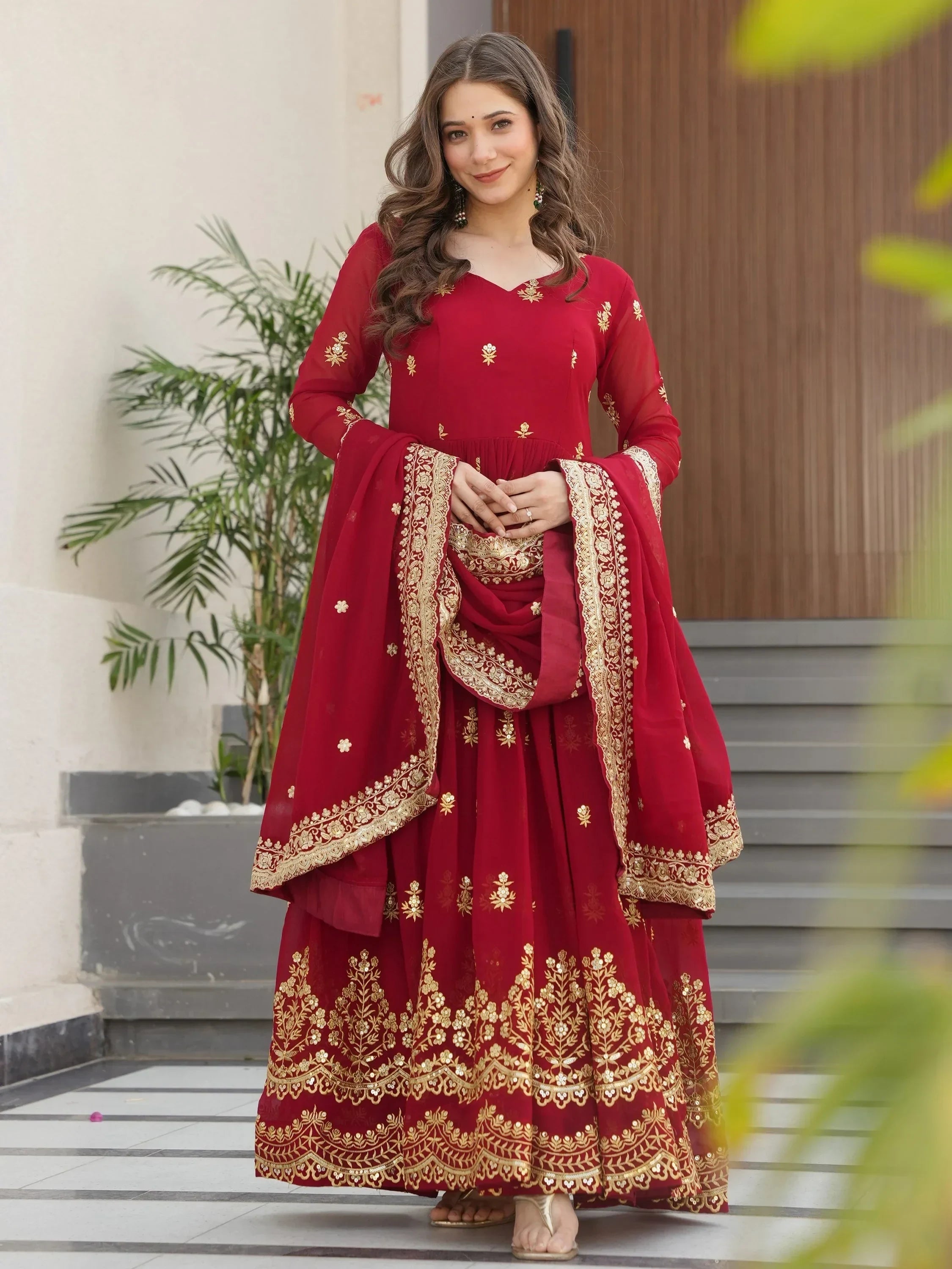 Maroon Amazing Sequins Embroidered Georgette Gown With Dupatta