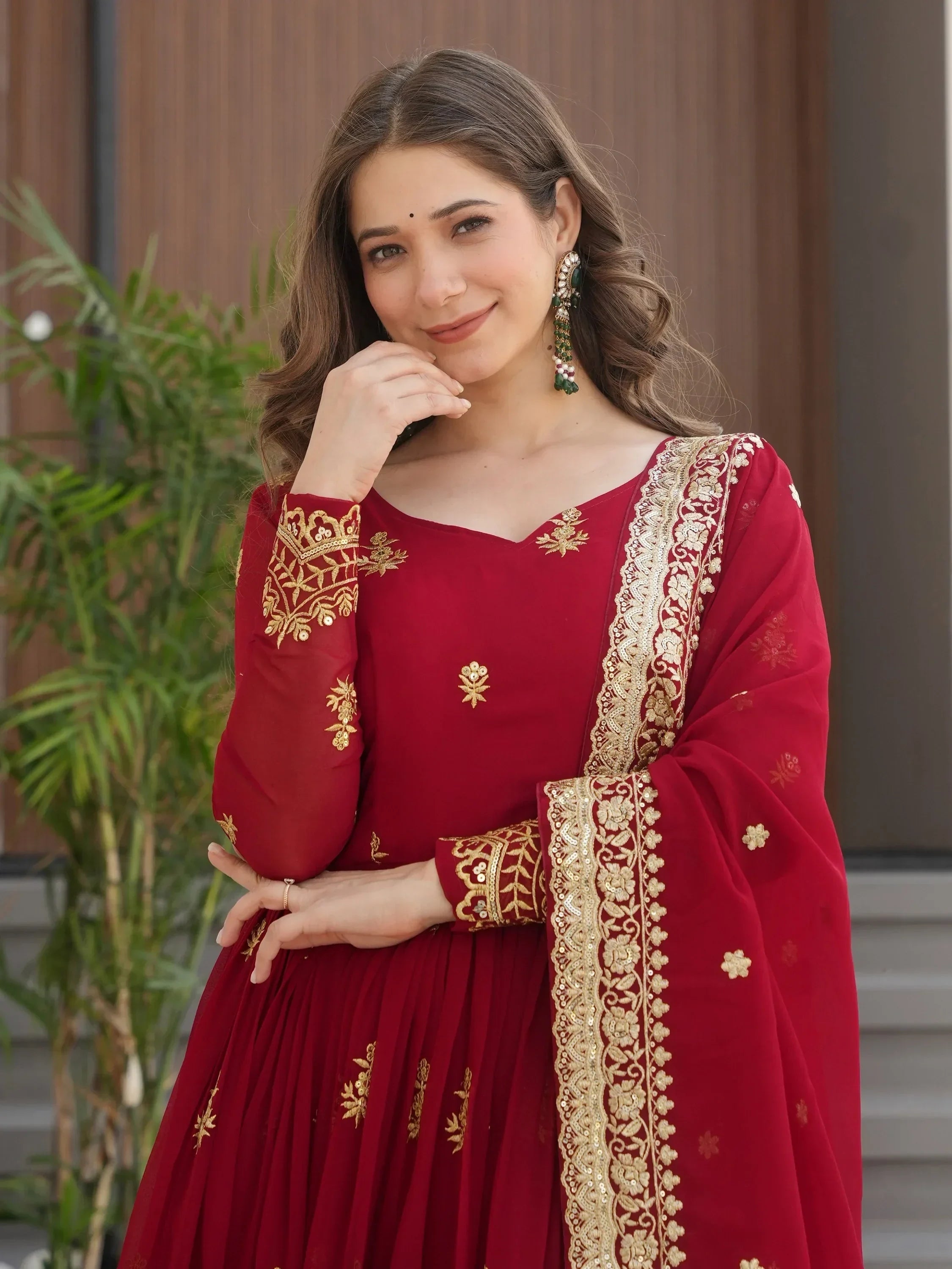 Maroon Amazing Sequins Embroidered Georgette Gown With Dupatta