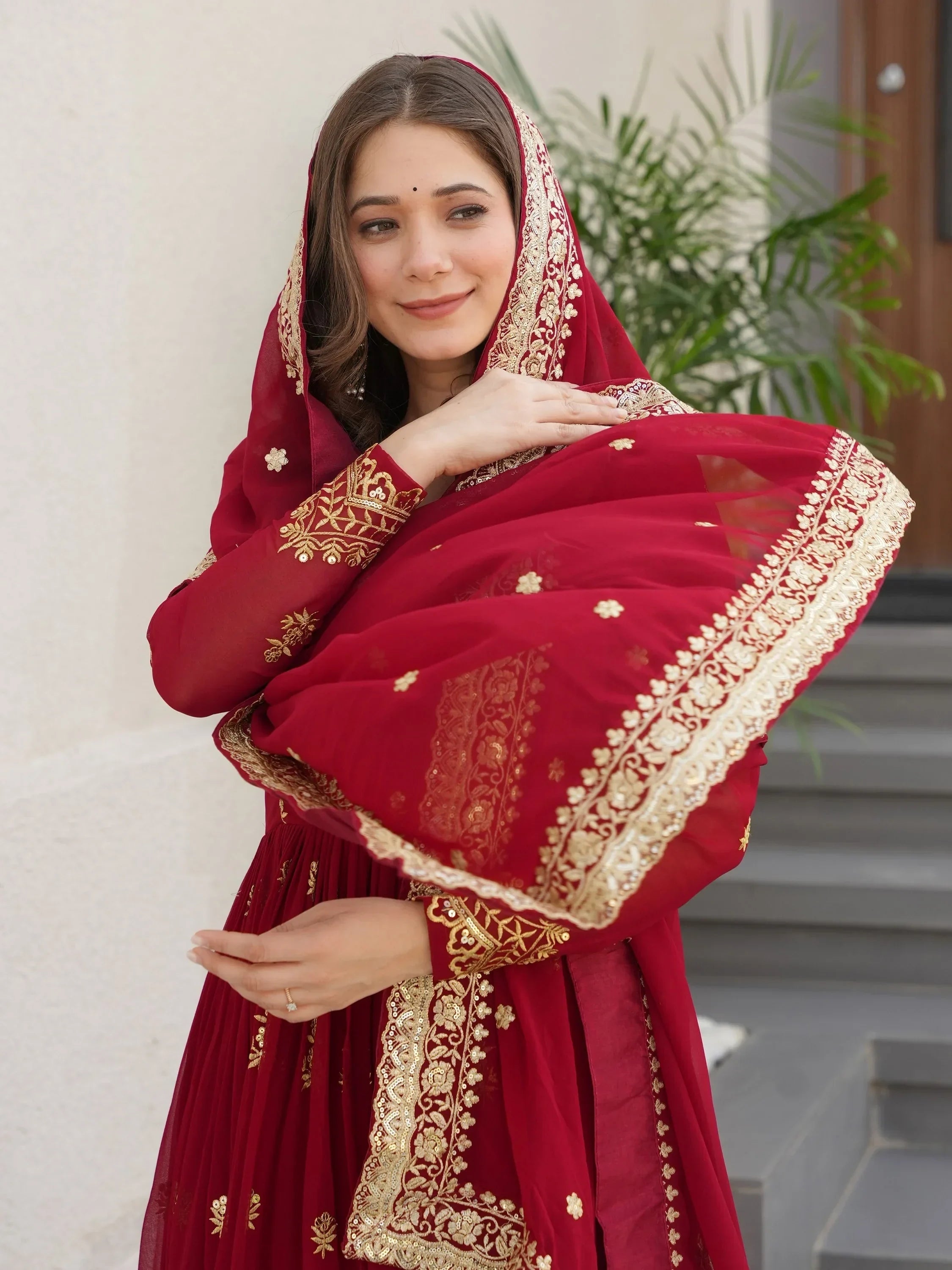 Maroon Amazing Sequins Embroidered Georgette Gown With Dupatta