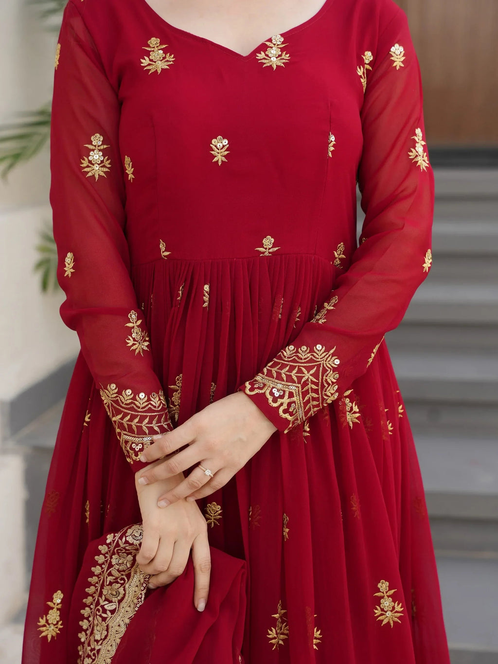 Maroon Amazing Sequins Embroidered Georgette Gown With Dupatta
