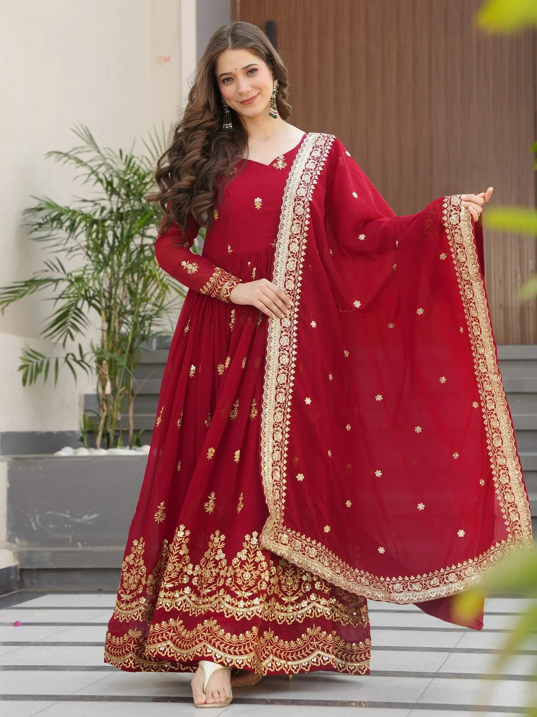 Maroon Amazing Sequins Embroidered Georgette Gown With Dupatta
