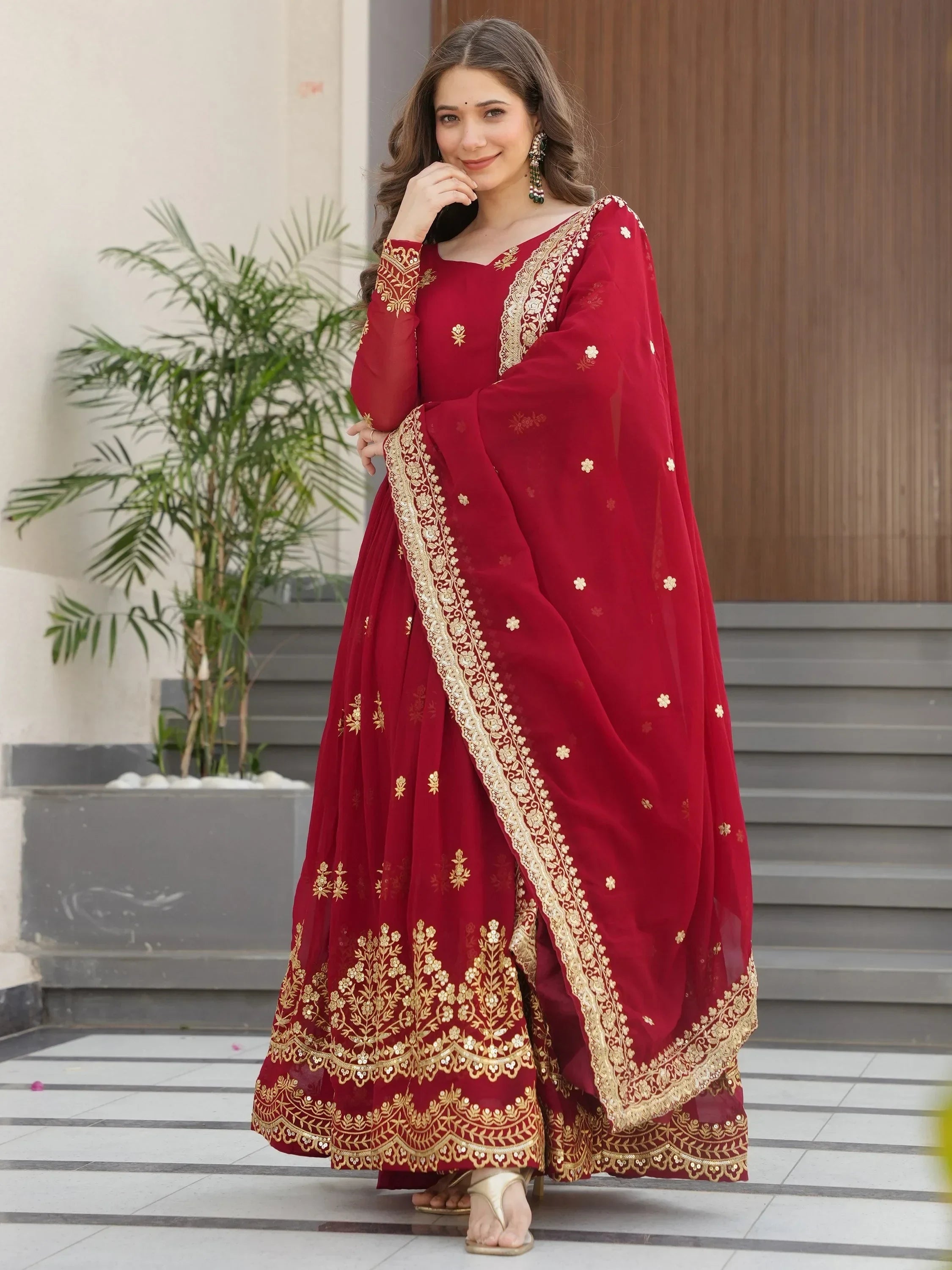 Maroon Amazing Sequins Embroidered Georgette Gown With Dupatta