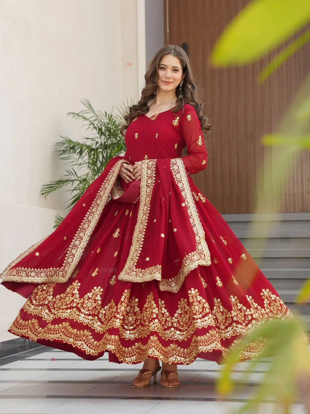 Maroon Amazing Sequins Embroidered Georgette Gown With Dupatta