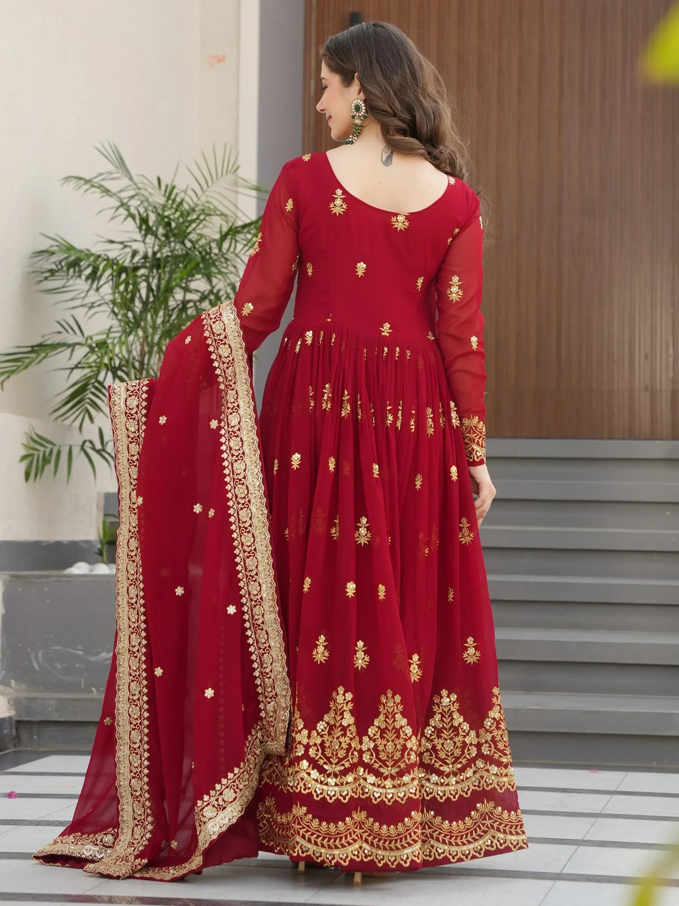 Maroon Amazing Sequins Embroidered Georgette Gown With Dupatta