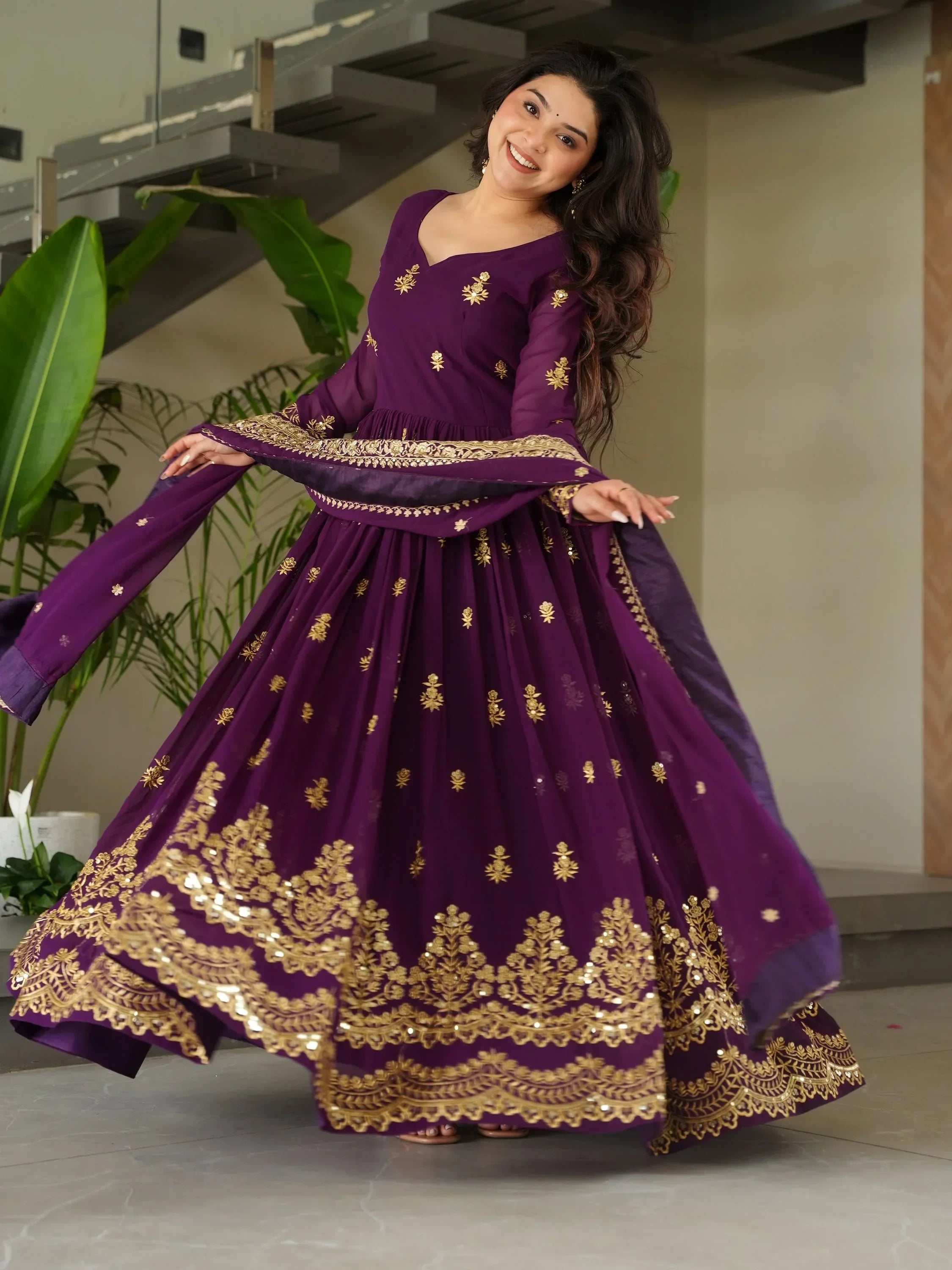 Purple Amazing Sequins Embroidered Georgette Gown With Dupatta