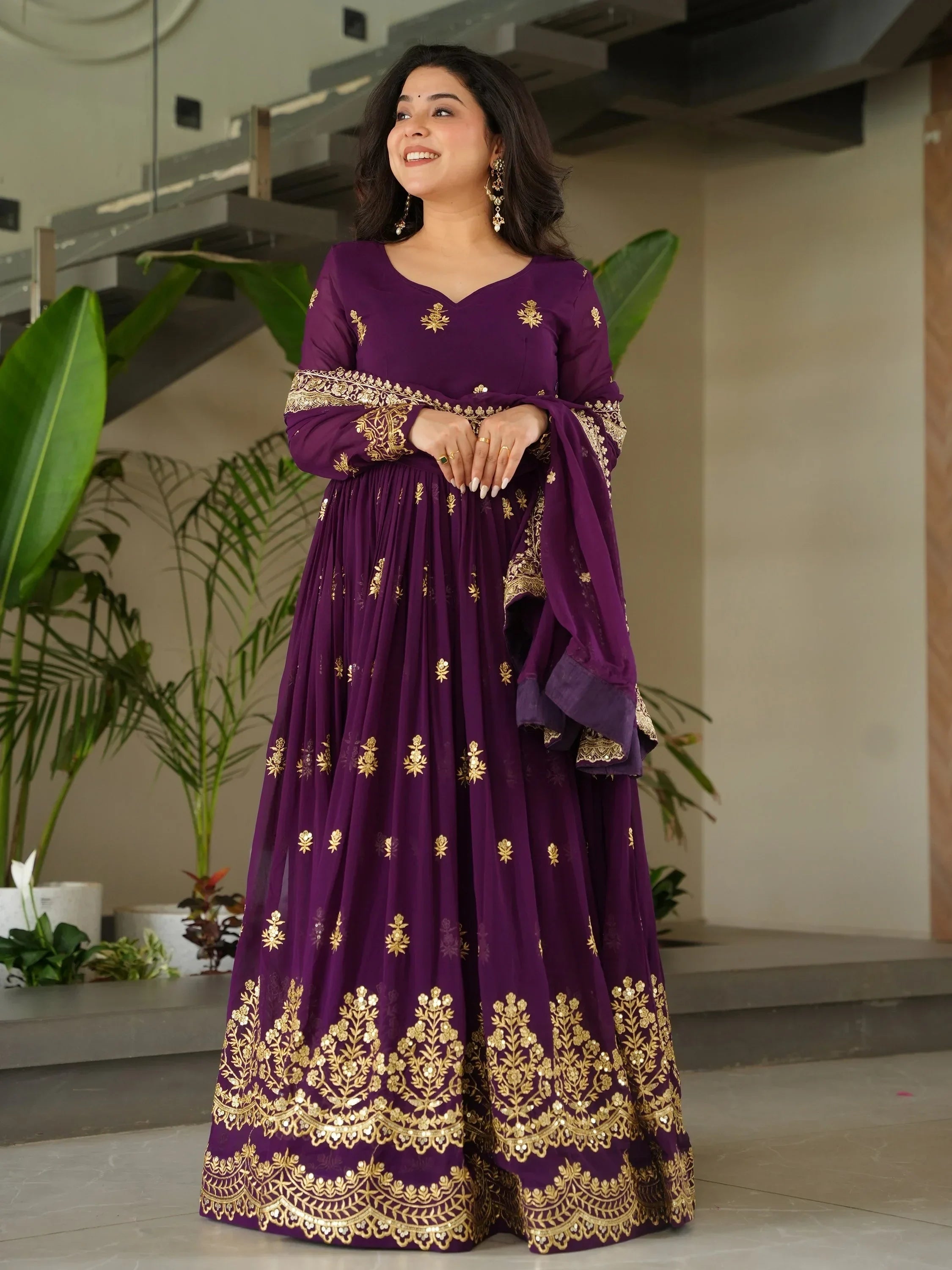 Purple Amazing Sequins Embroidered Georgette Gown With Dupatta