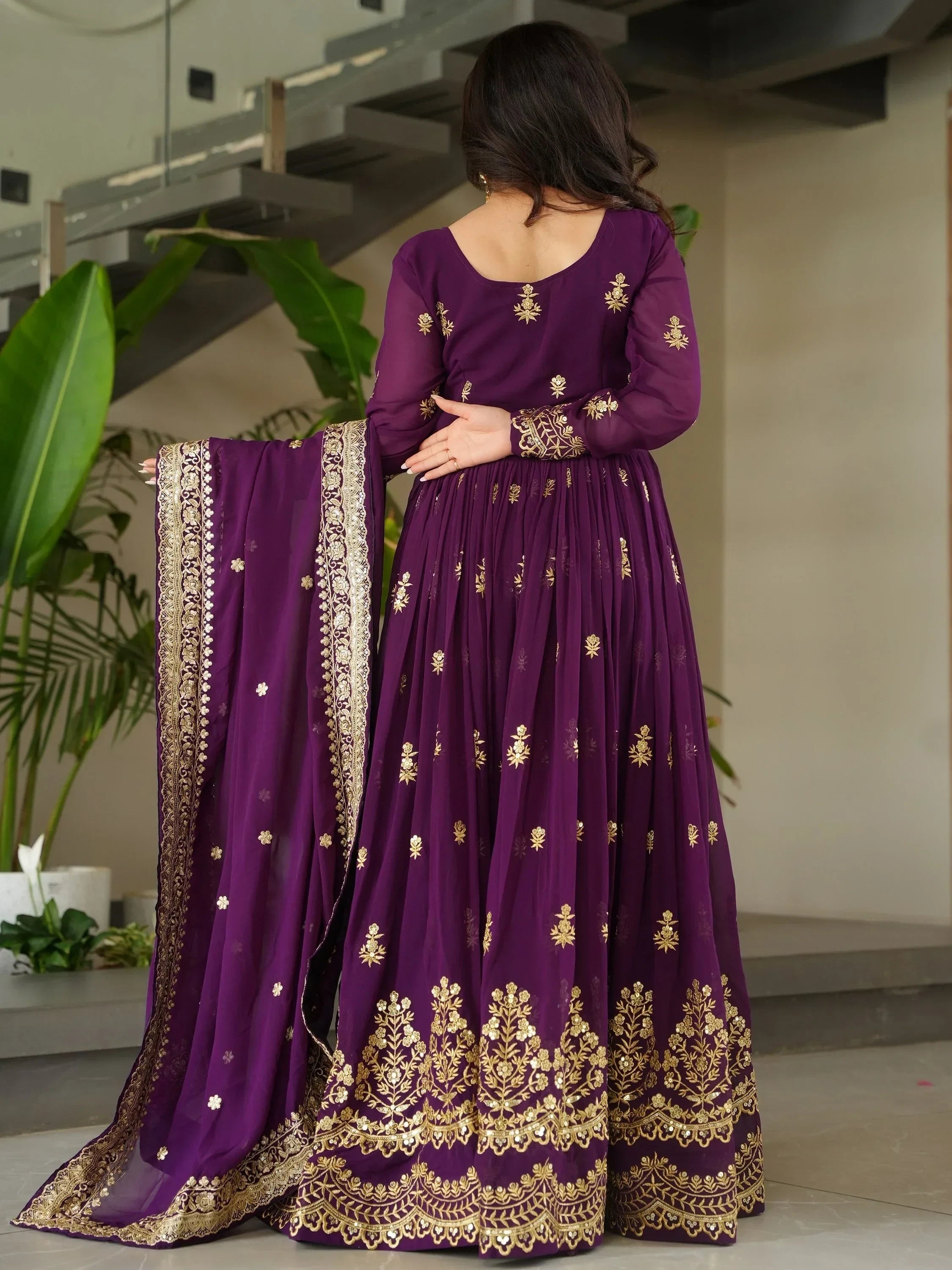 Purple Amazing Sequins Embroidered Georgette Gown With Dupatta