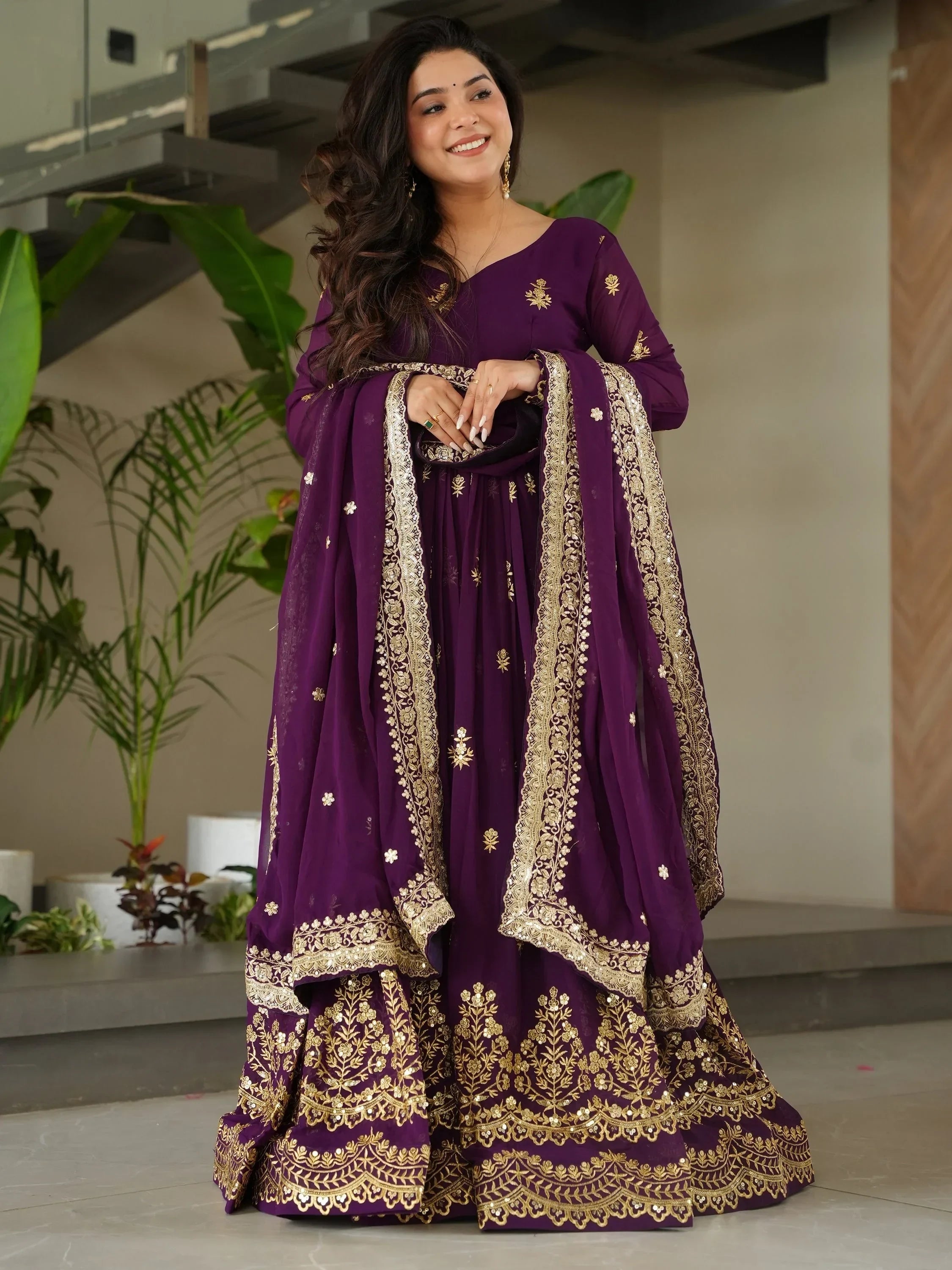 Purple Amazing Sequins Embroidered Georgette Gown With Dupatta