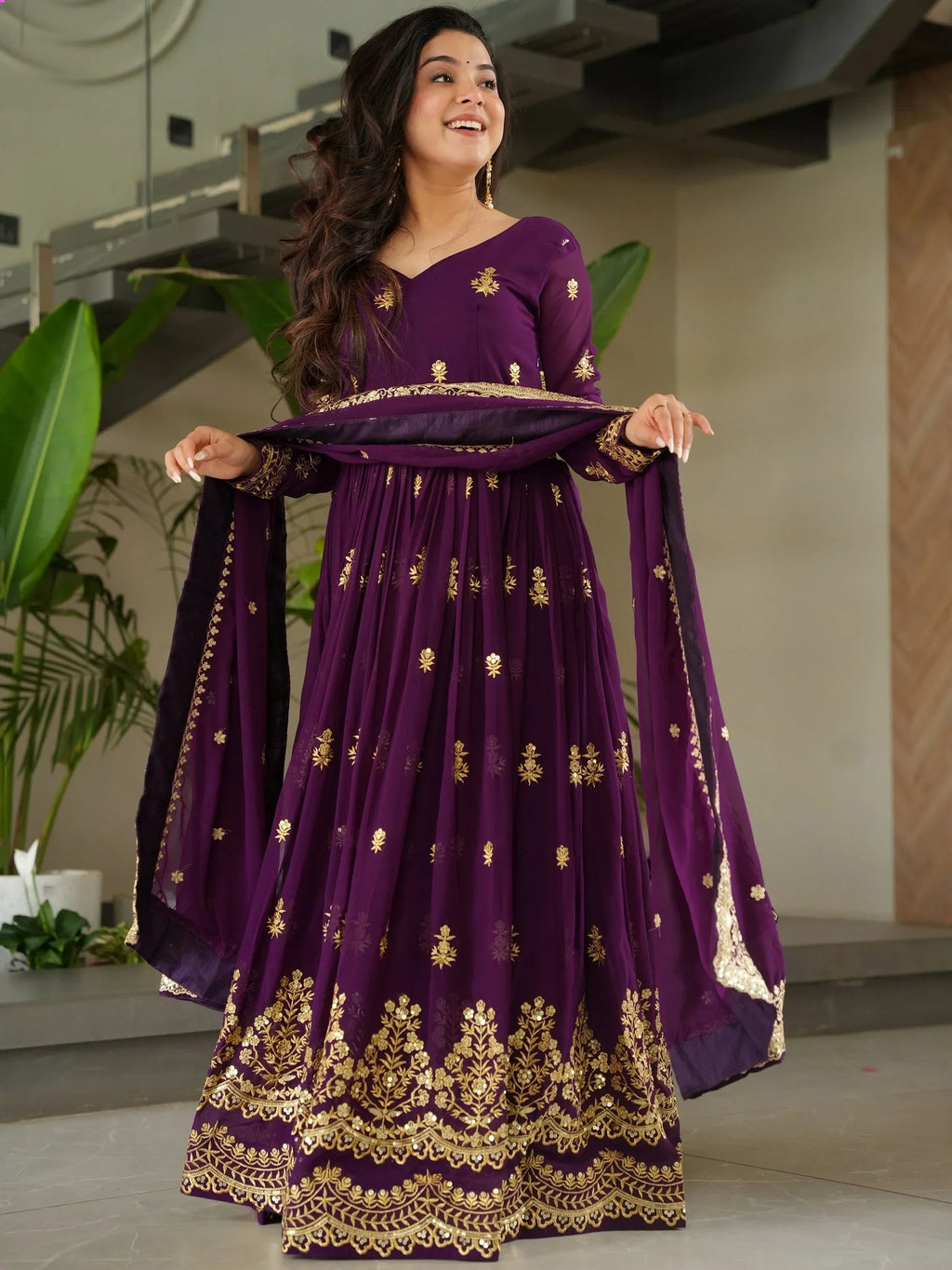 Purple Amazing Sequins Embroidered Georgette Gown With Dupatta