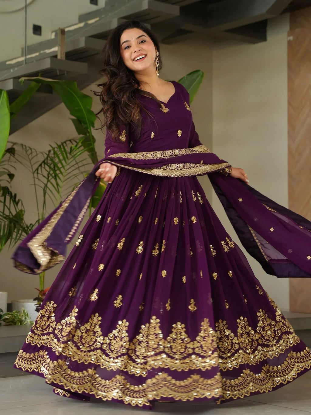 Purple Amazing Sequins Embroidered Georgette Gown With Dupatta