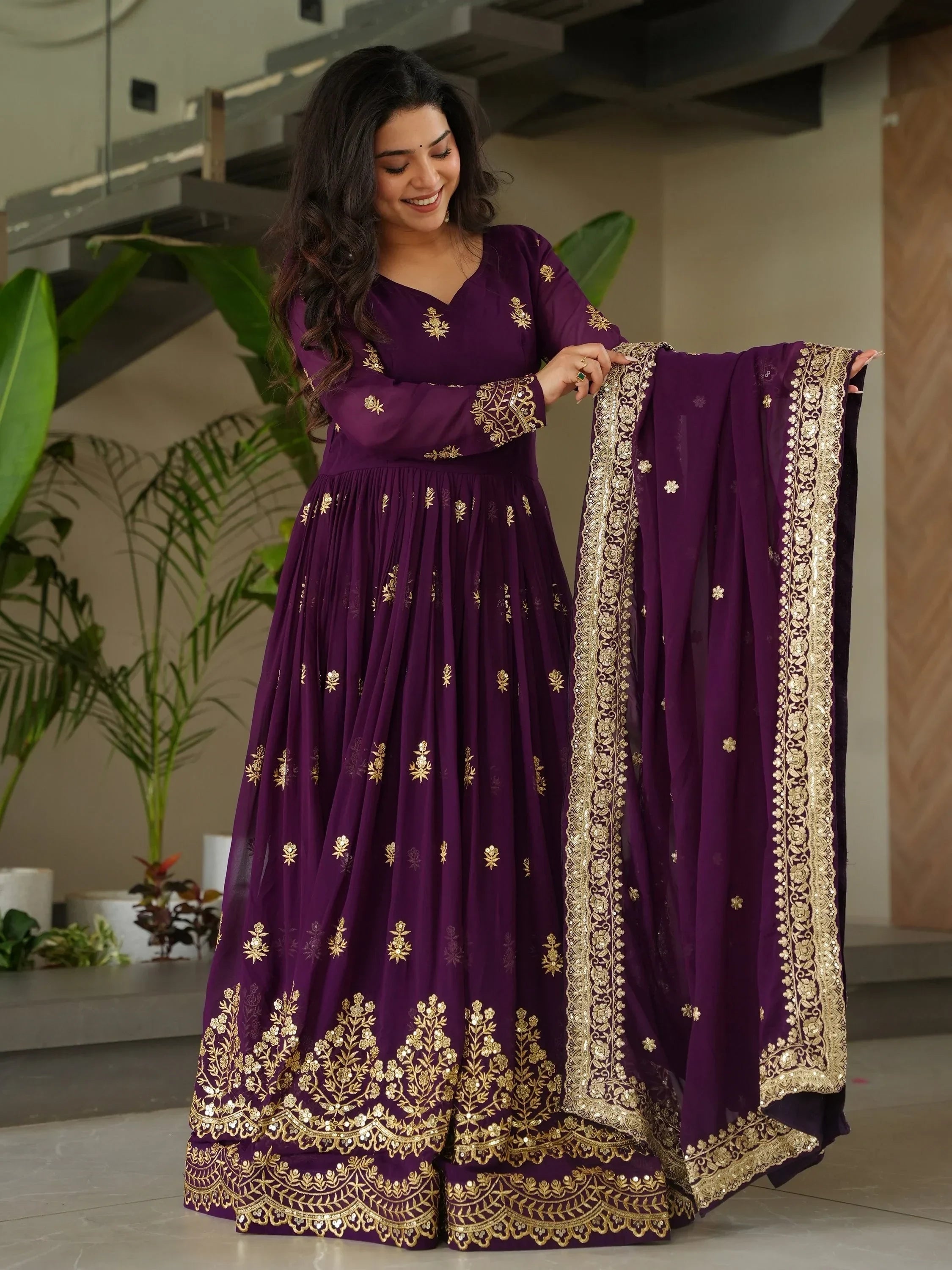 Purple Amazing Sequins Embroidered Georgette Gown With Dupatta