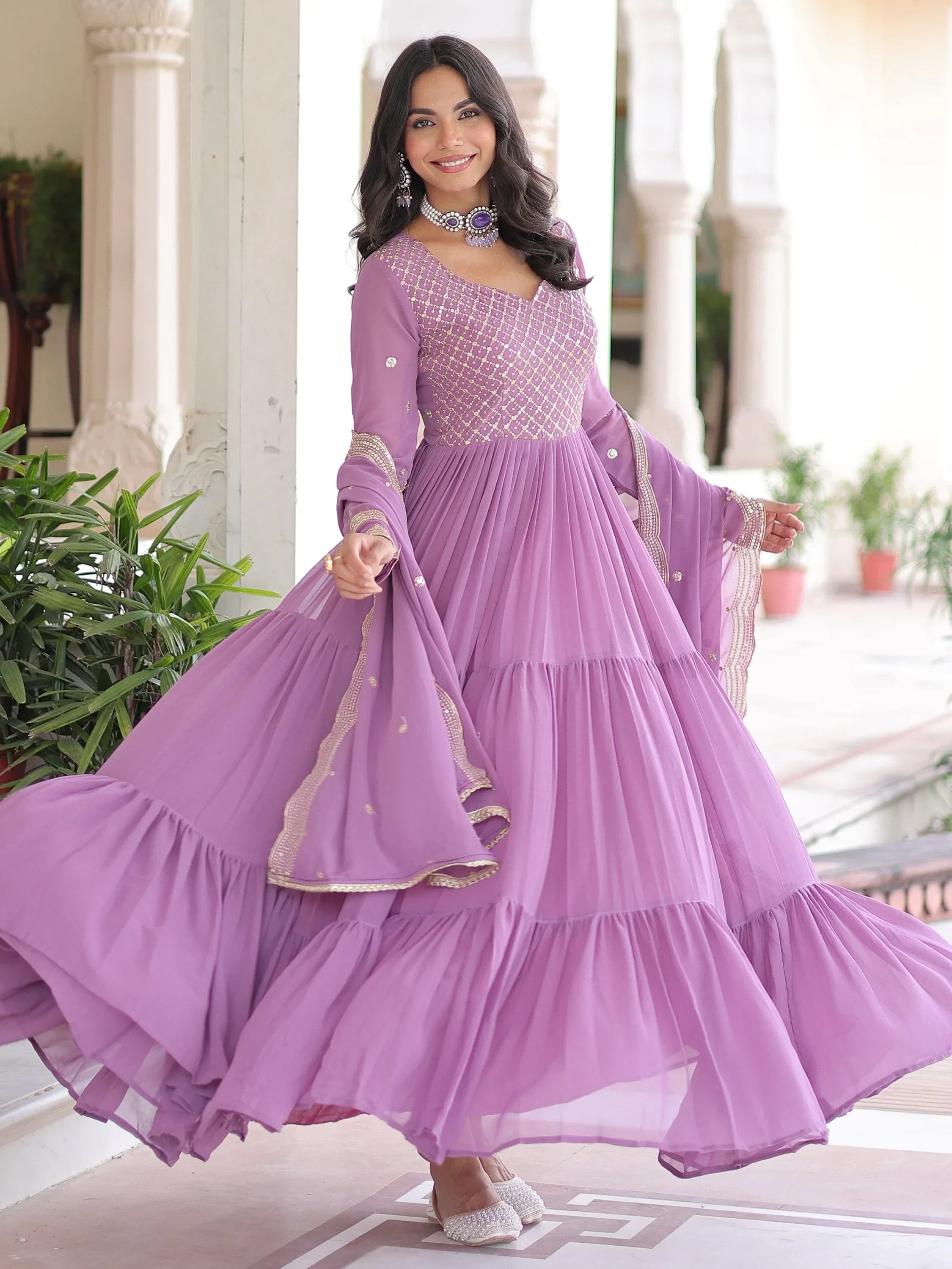 Purple Beautiful Zari Embroidered Georgette Gown With Dupatta