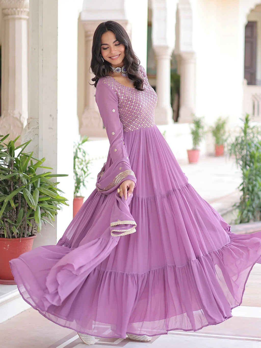Purple Beautiful Zari Embroidered Georgette Gown With Dupatta