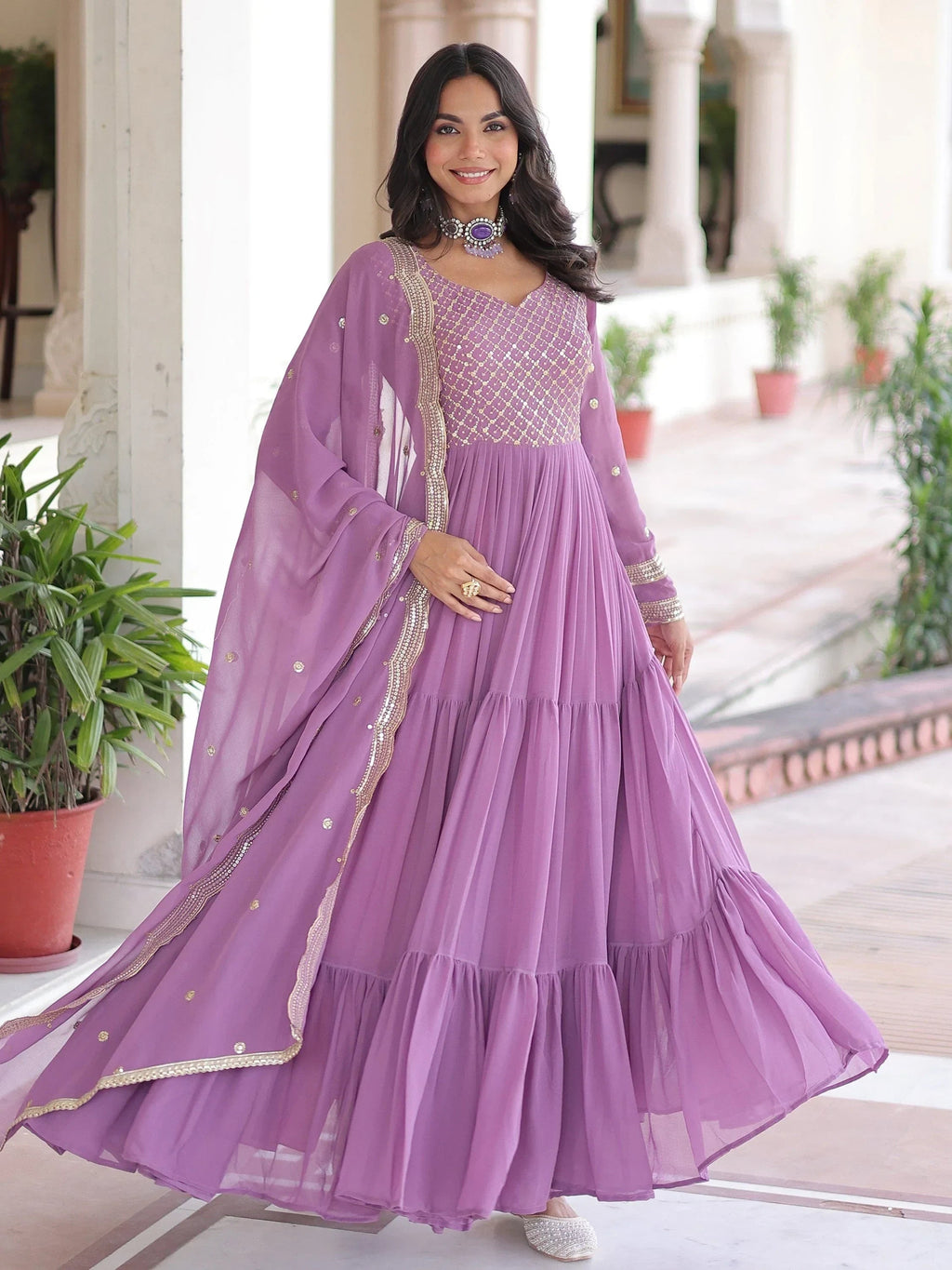 Purple Beautiful Zari Embroidered Georgette Gown With Dupatta
