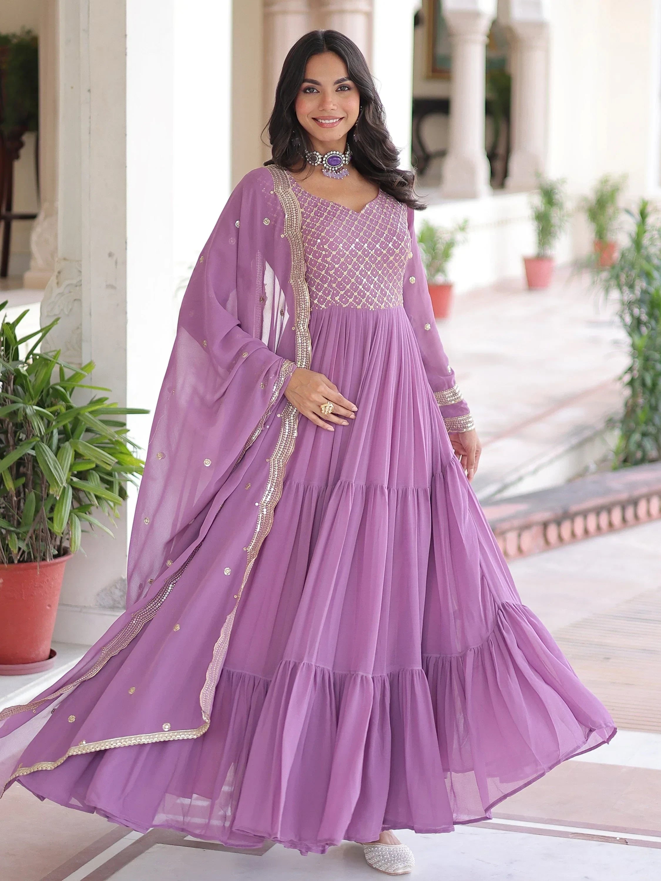 Purple Beautiful Zari Embroidered Georgette Gown With Dupatta