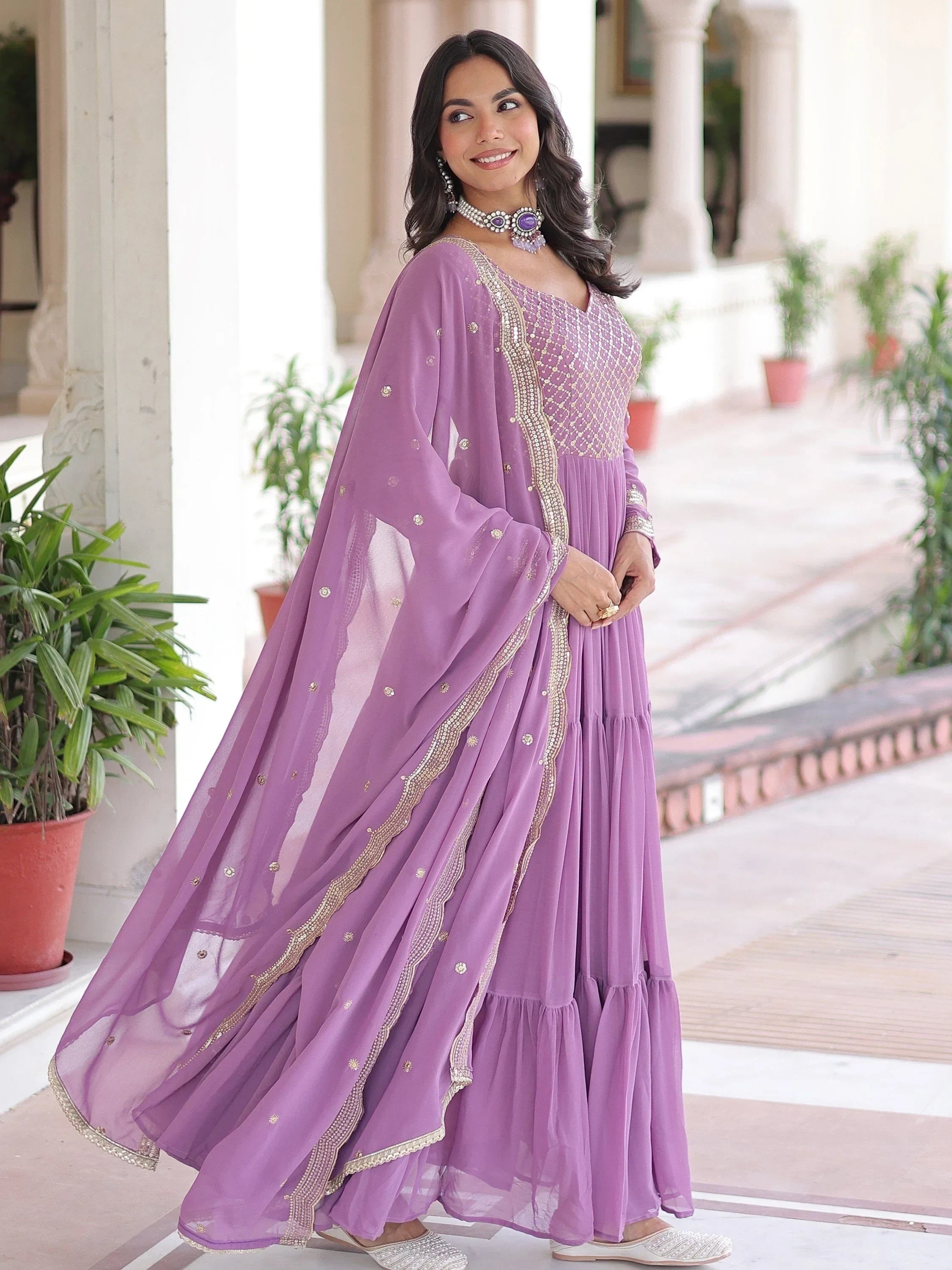 Purple Beautiful Zari Embroidered Georgette Gown With Dupatta
