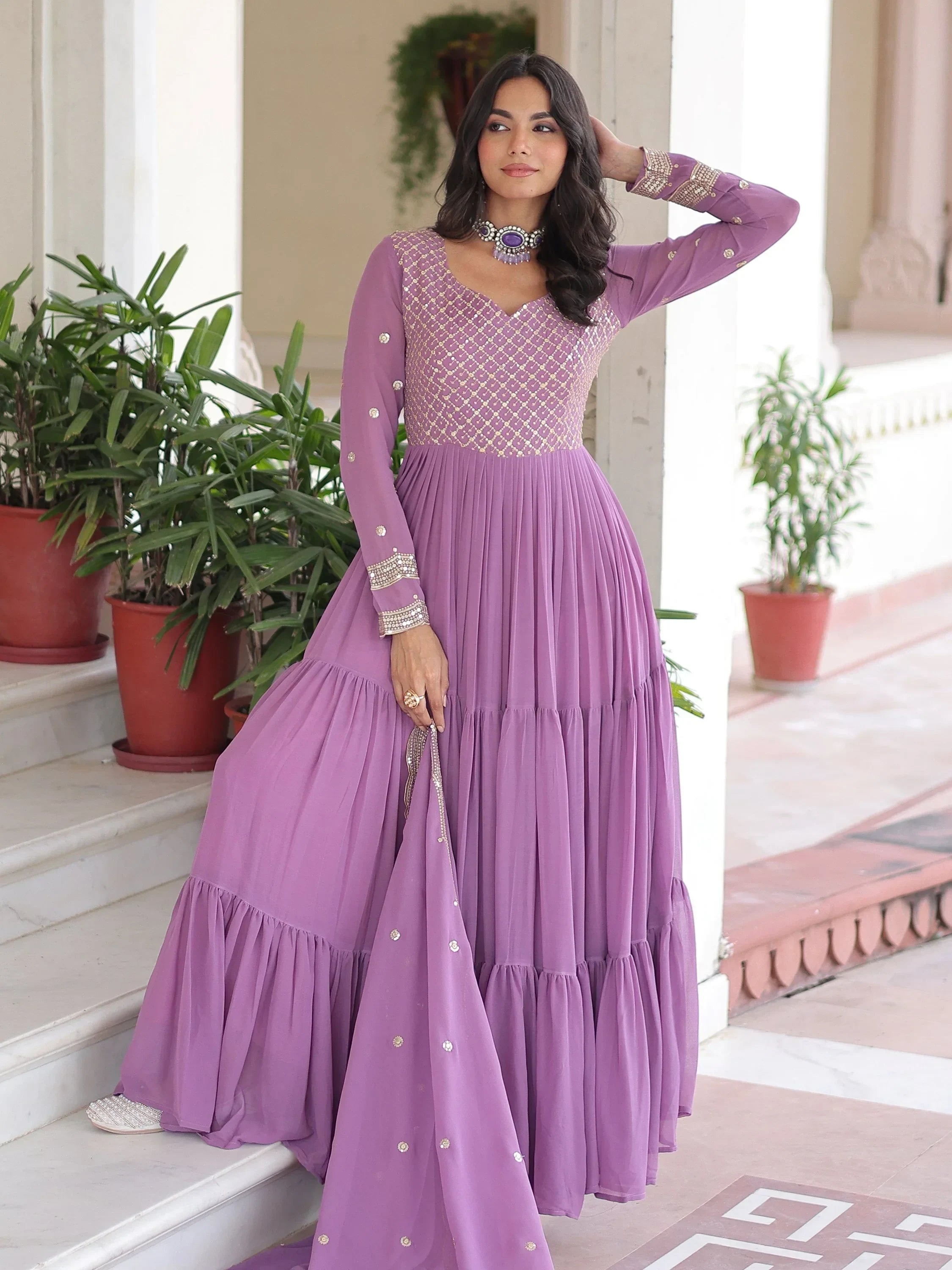 Purple Beautiful Zari Embroidered Georgette Gown With Dupatta