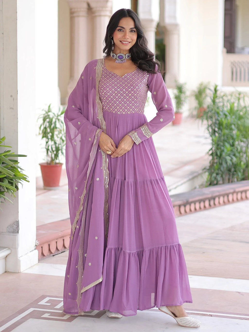 Purple Beautiful Zari Embroidered Georgette Gown With Dupatta