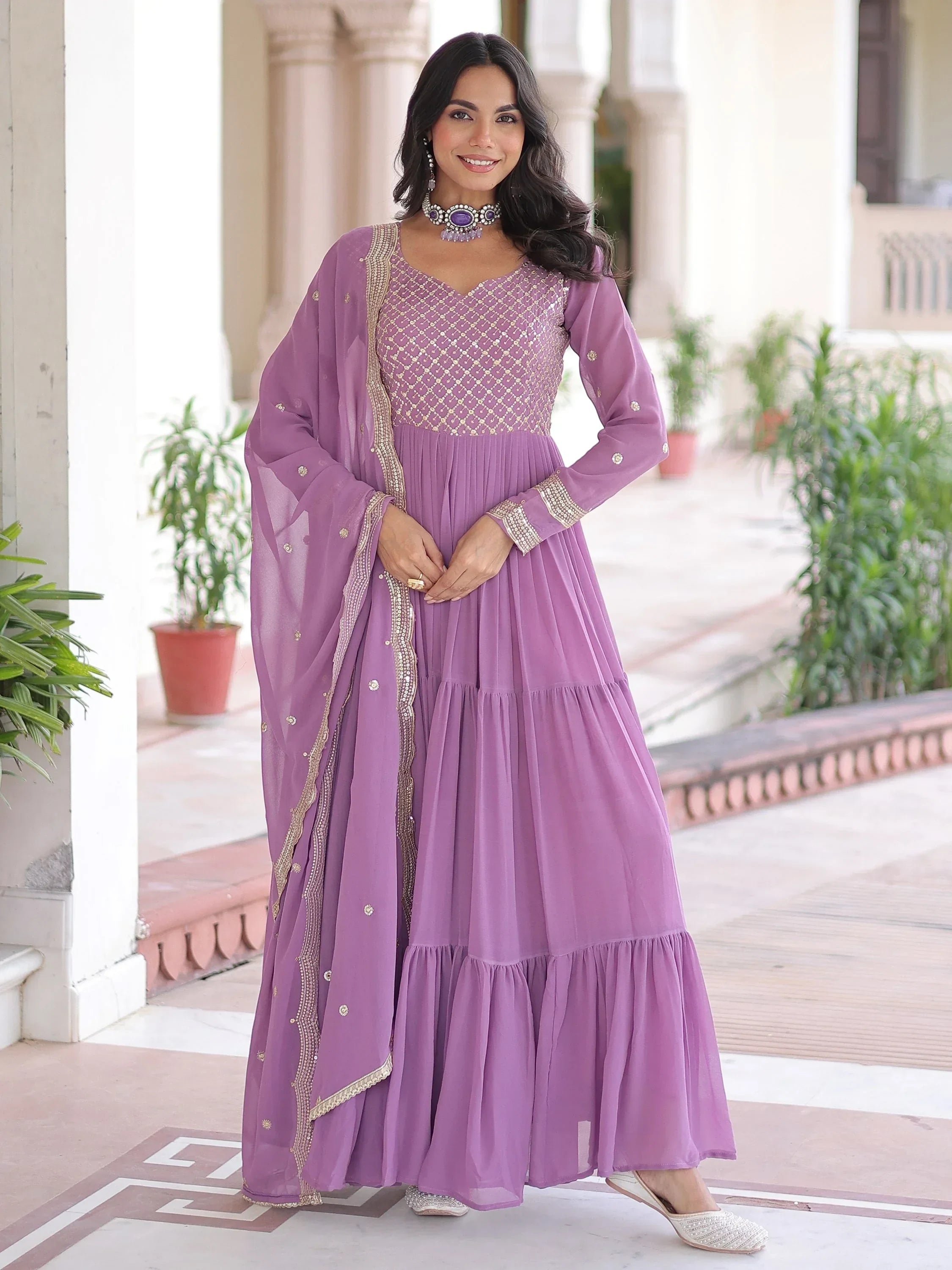 Purple Beautiful Zari Embroidered Georgette Gown With Dupatta