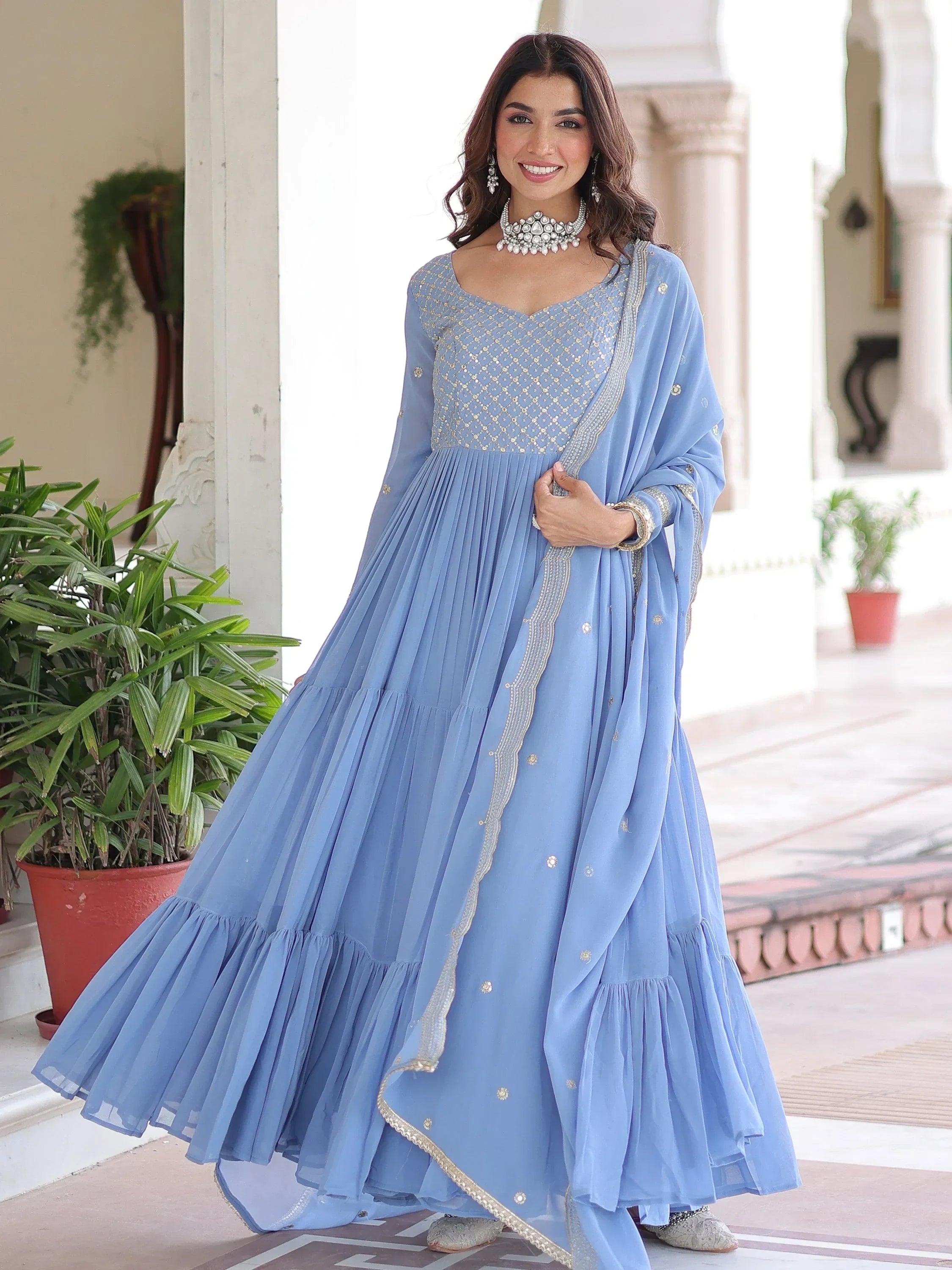 Sky Beautiful Zari Embroidered Georgette Gown With Dupatta