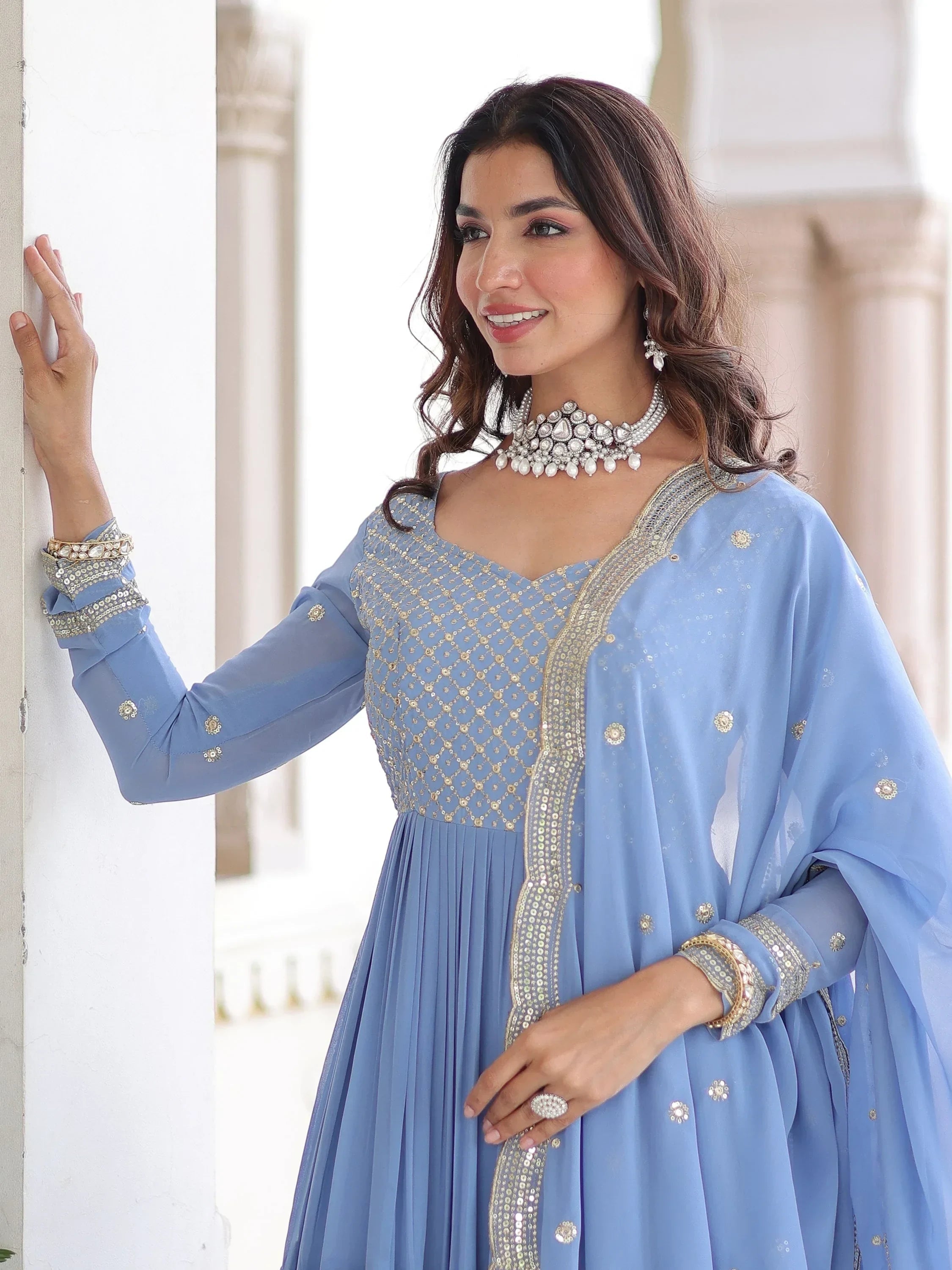 Sky Beautiful Zari Embroidered Georgette Gown With Dupatta