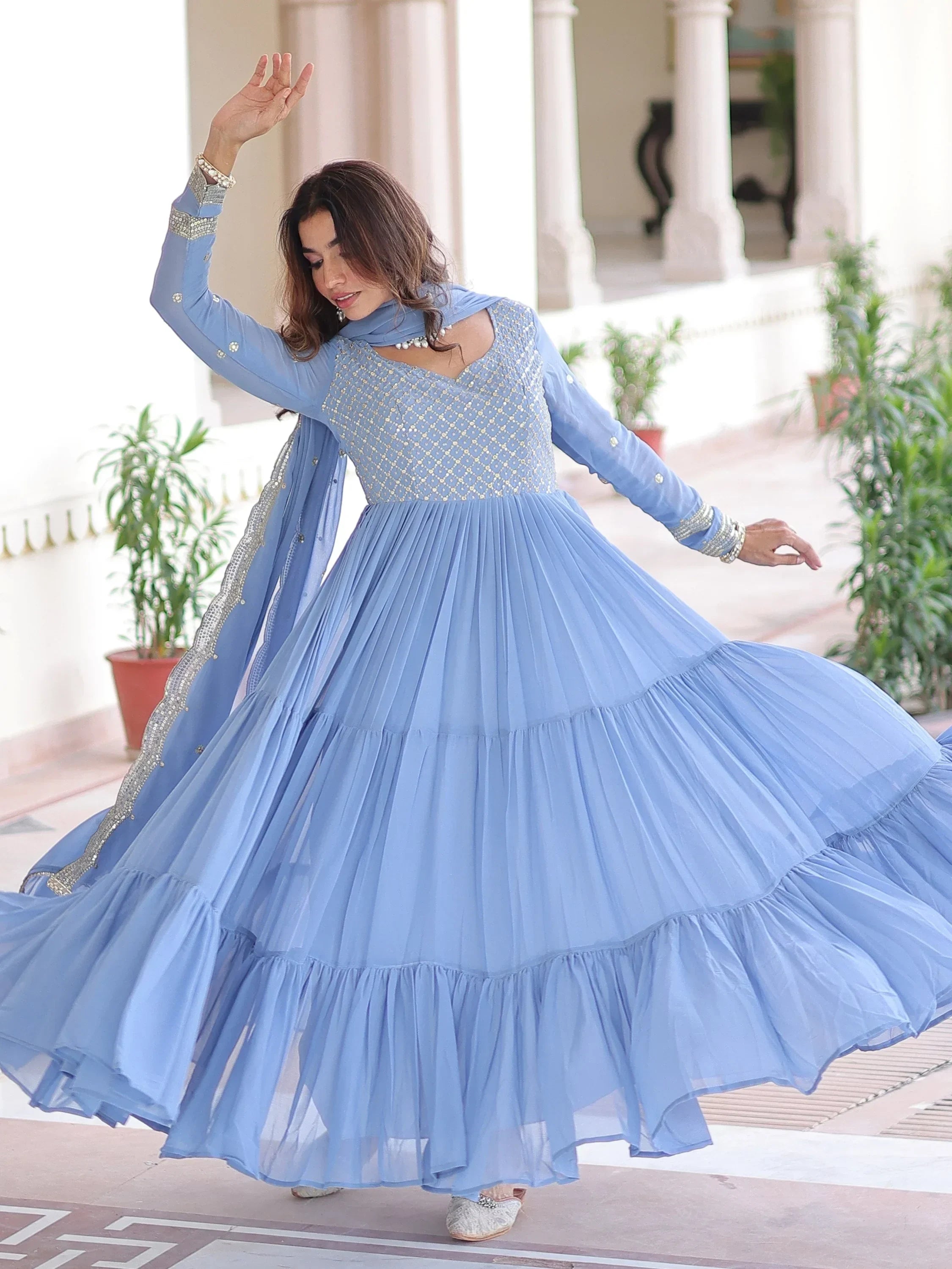 Sky Beautiful Zari Embroidered Georgette Gown With Dupatta