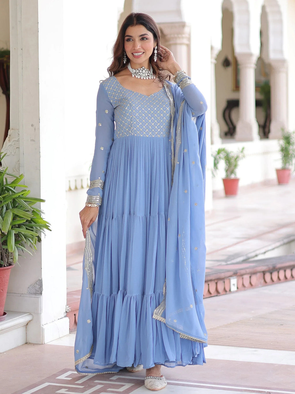 Sky Beautiful Zari Embroidered Georgette Gown With Dupatta