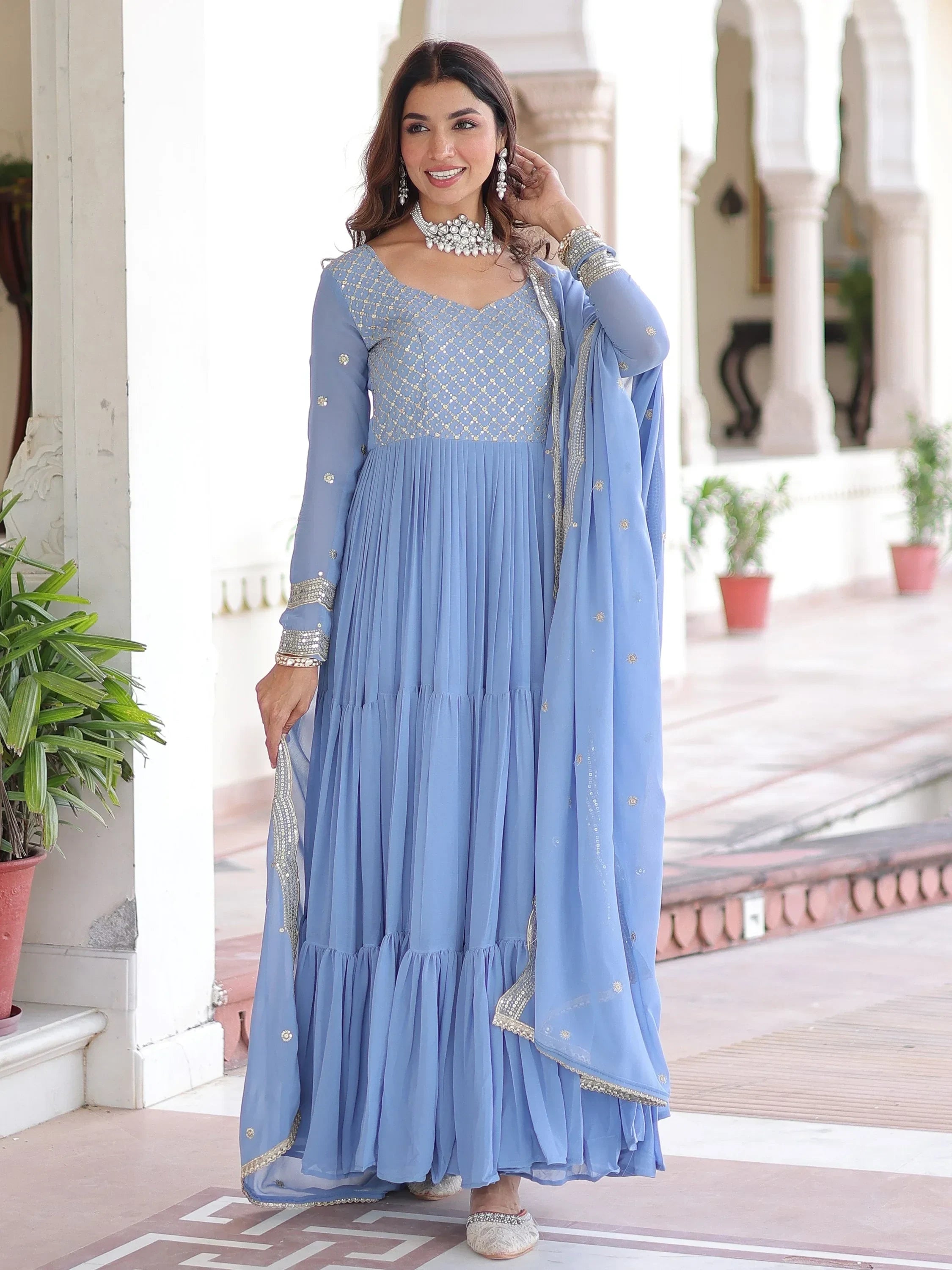 Sky Beautiful Zari Embroidered Georgette Gown With Dupatta