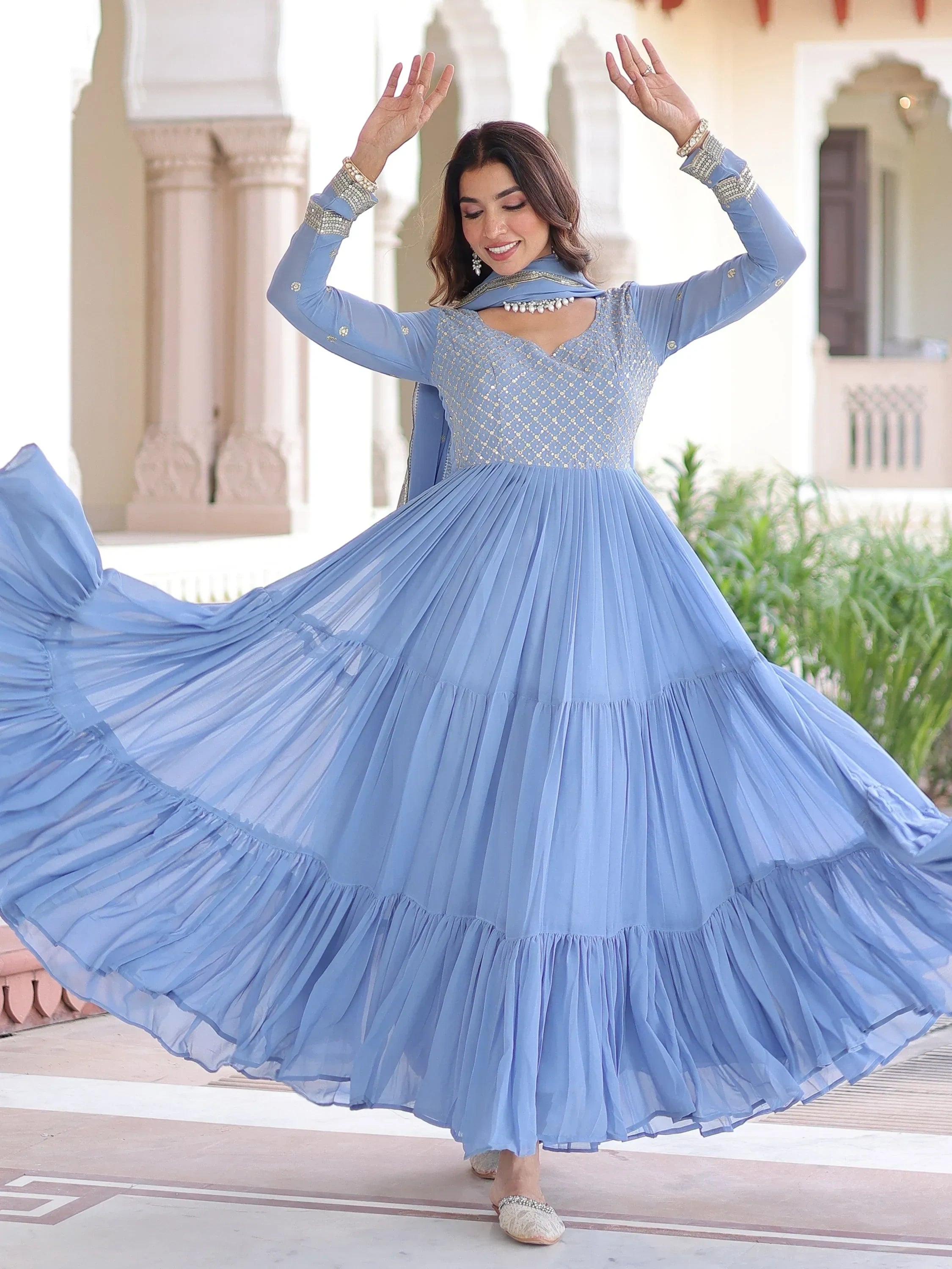 Sky Beautiful Zari Embroidered Georgette Gown With Dupatta