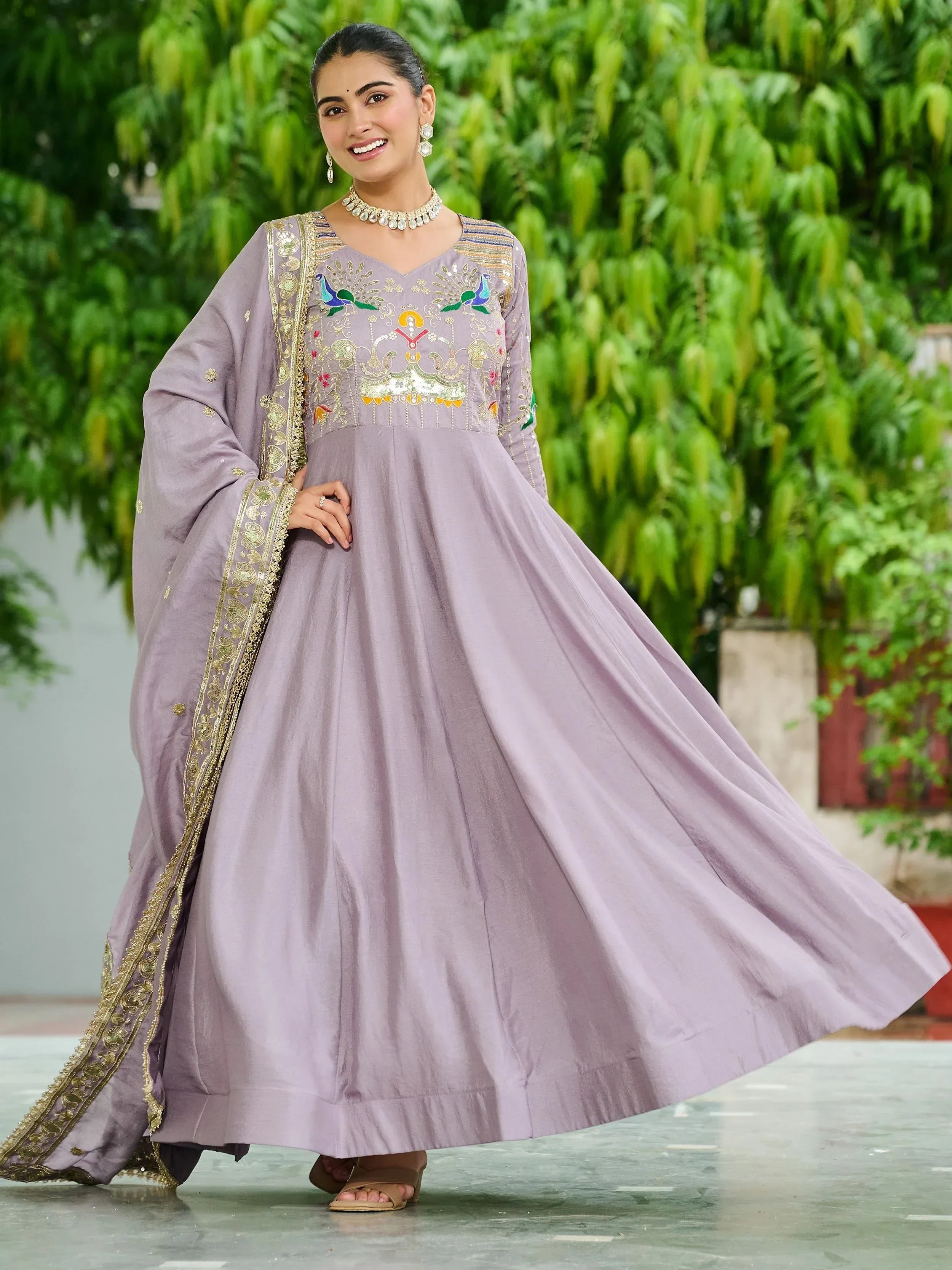 Purple Charming Sequins Silk Festive Wear Gown With Dupatta