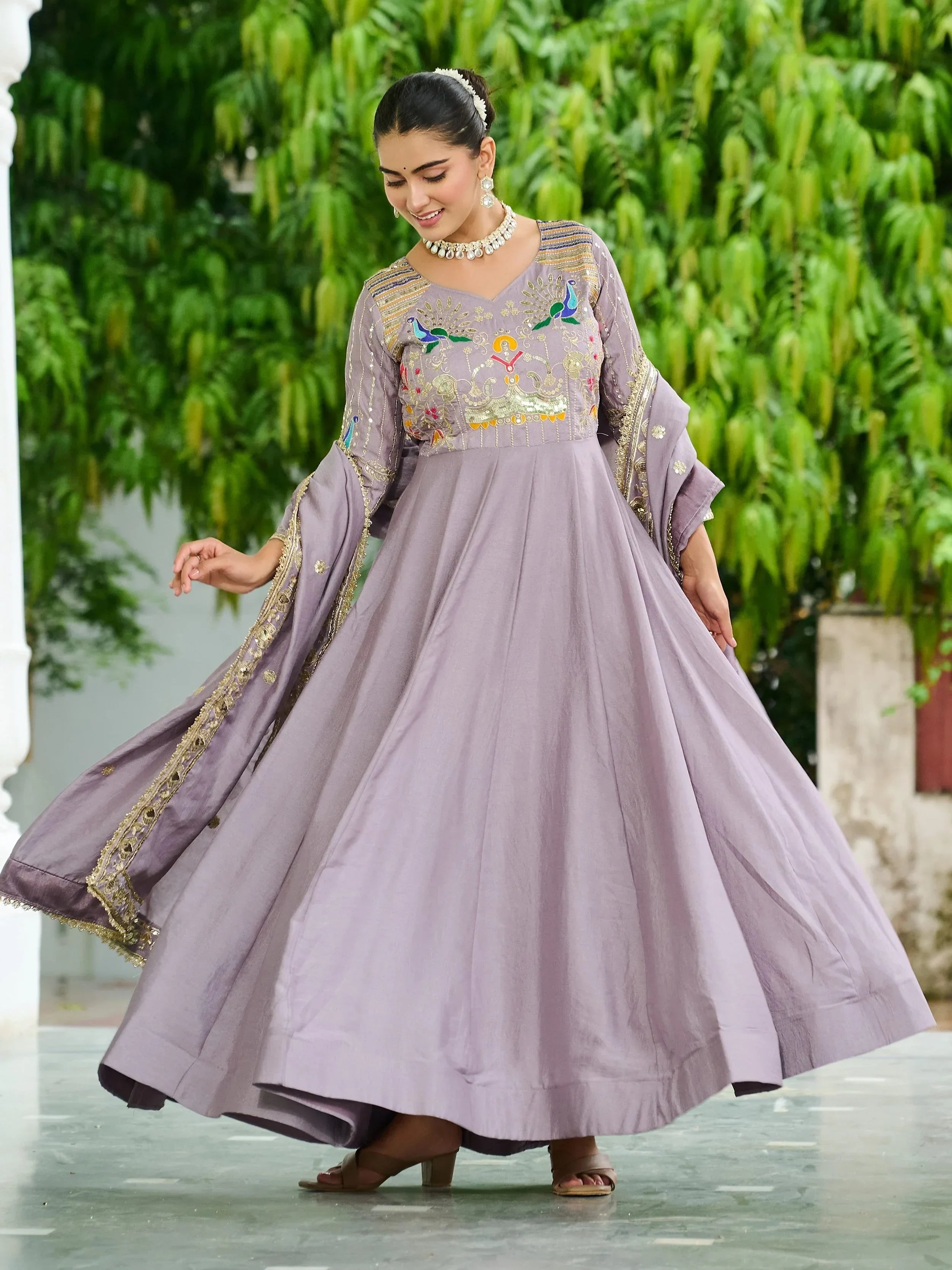 Purple Charming Sequins Silk Festive Wear Gown With Dupatta