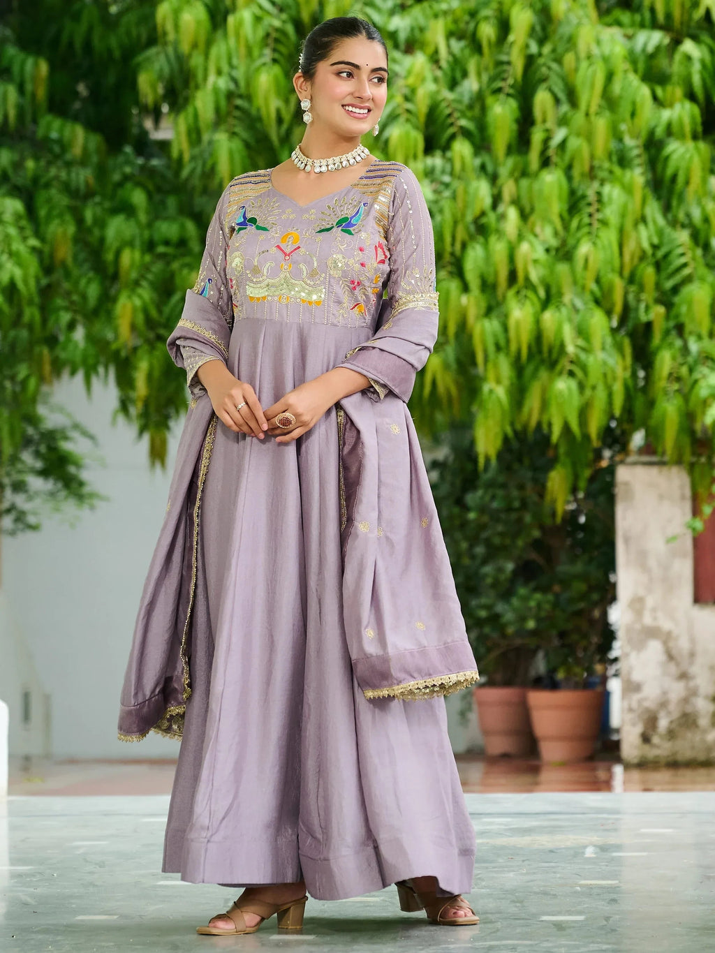 Purple Charming Sequins Silk Festive Wear Gown With Dupatta