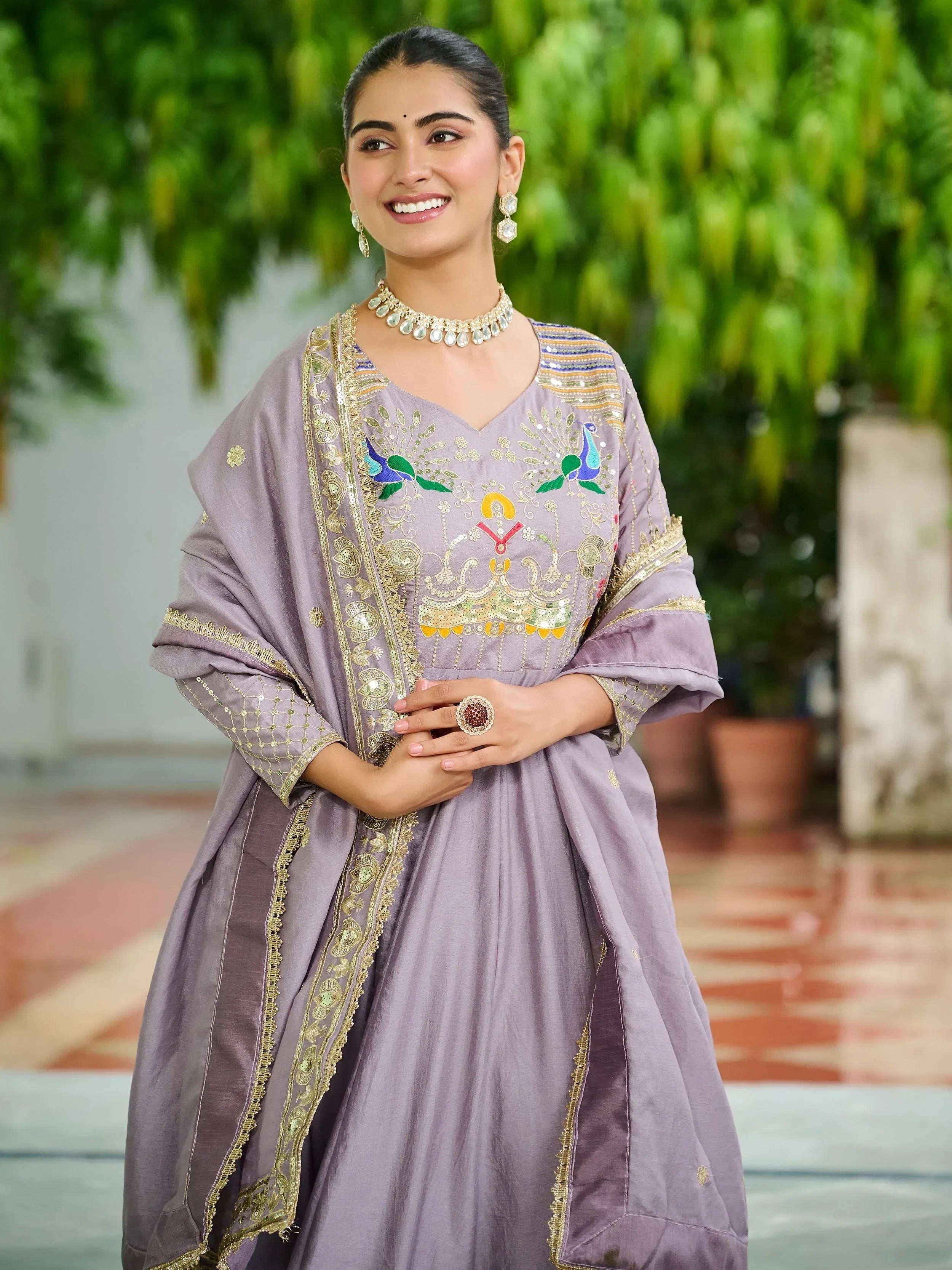 Purple Charming Sequins Silk Festive Wear Gown With Dupatta