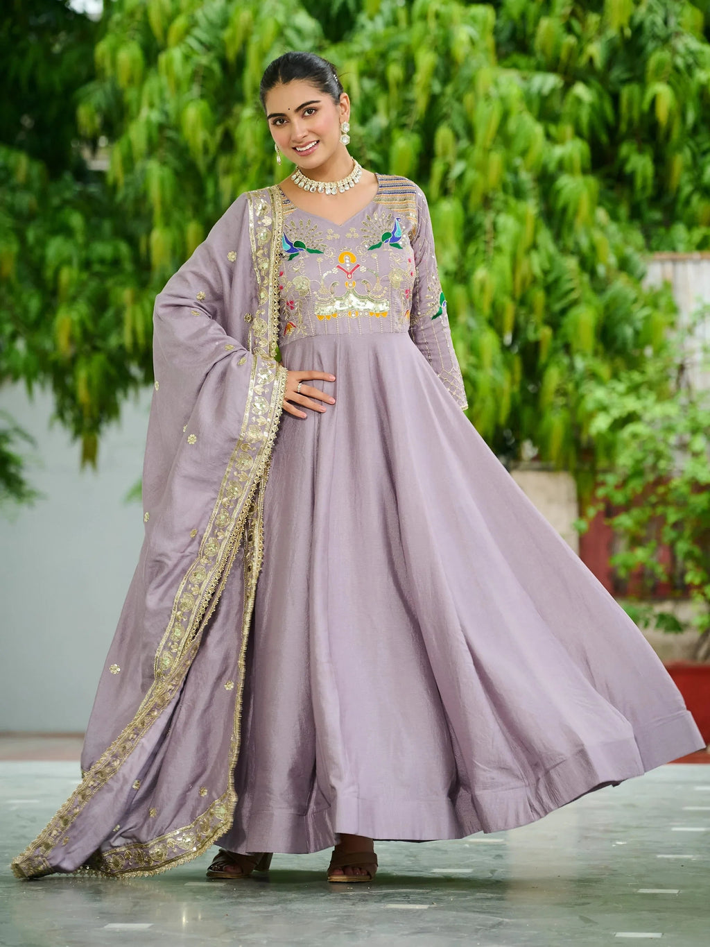 Purple Charming Sequins Silk Festive Wear Gown With Dupatta