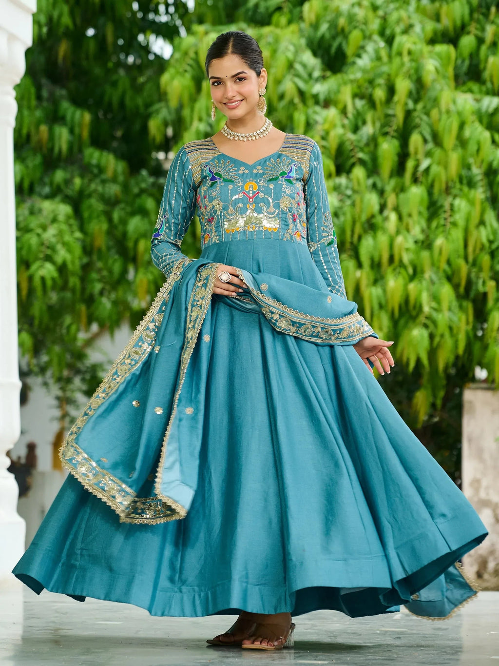 Blue Charming Sequins Silk Festive Wear Gown With Dupatta