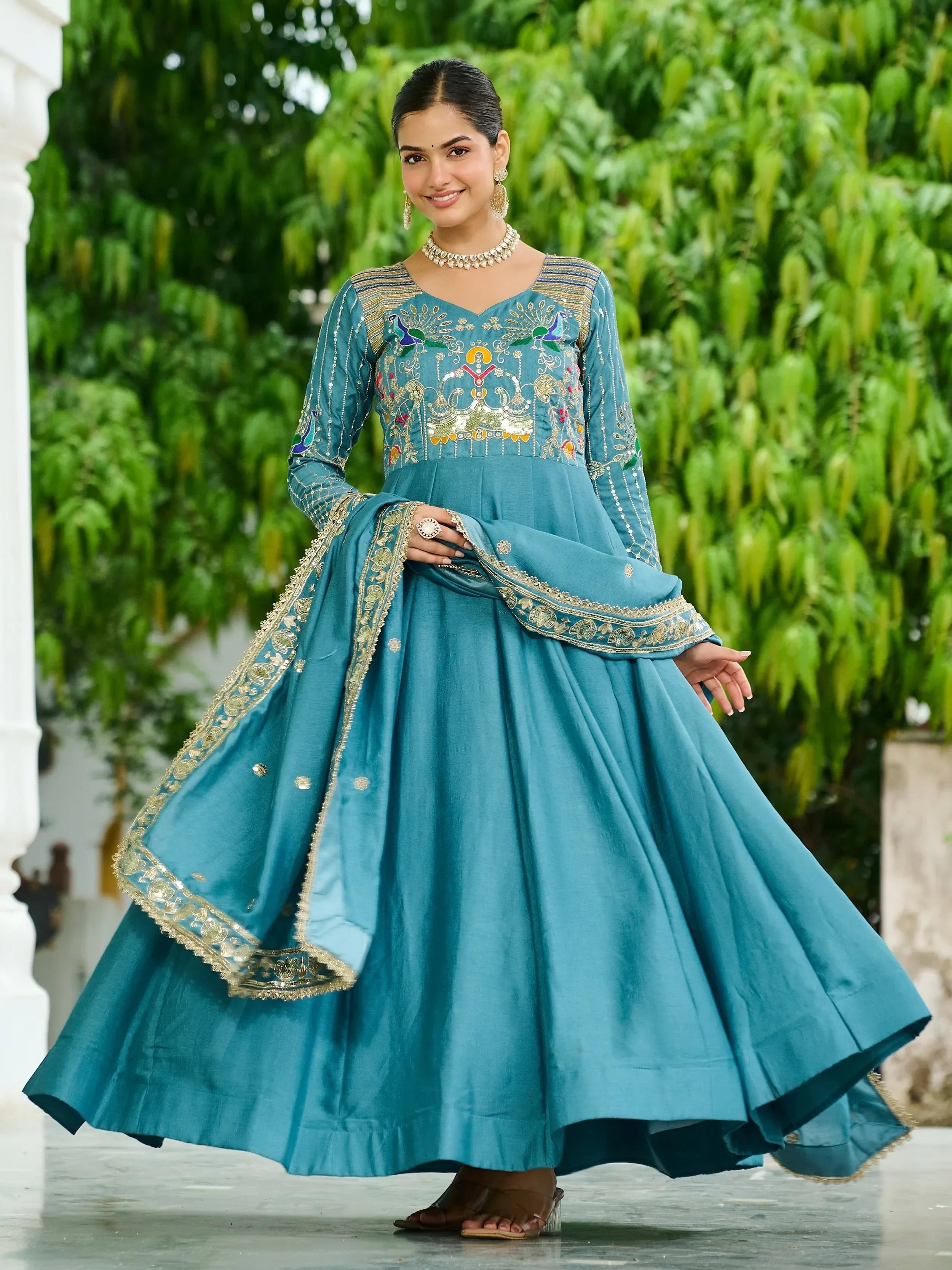 Blue Charming Sequins Silk Festive Wear Gown With Dupatta