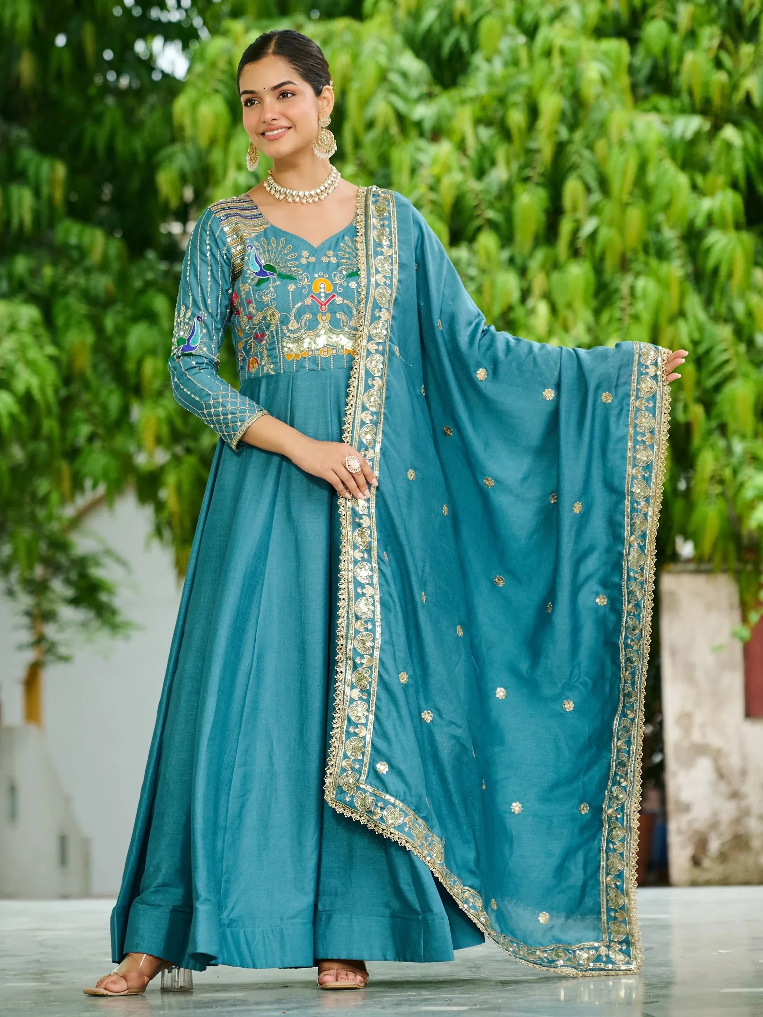 Blue Charming Sequins Silk Festive Wear Gown With Dupatta