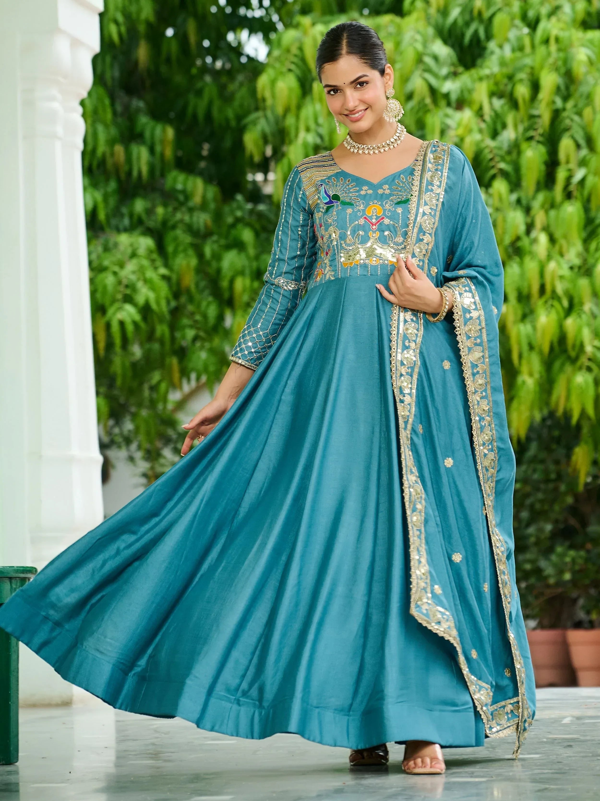 Blue Charming Sequins Silk Festive Wear Gown With Dupatta