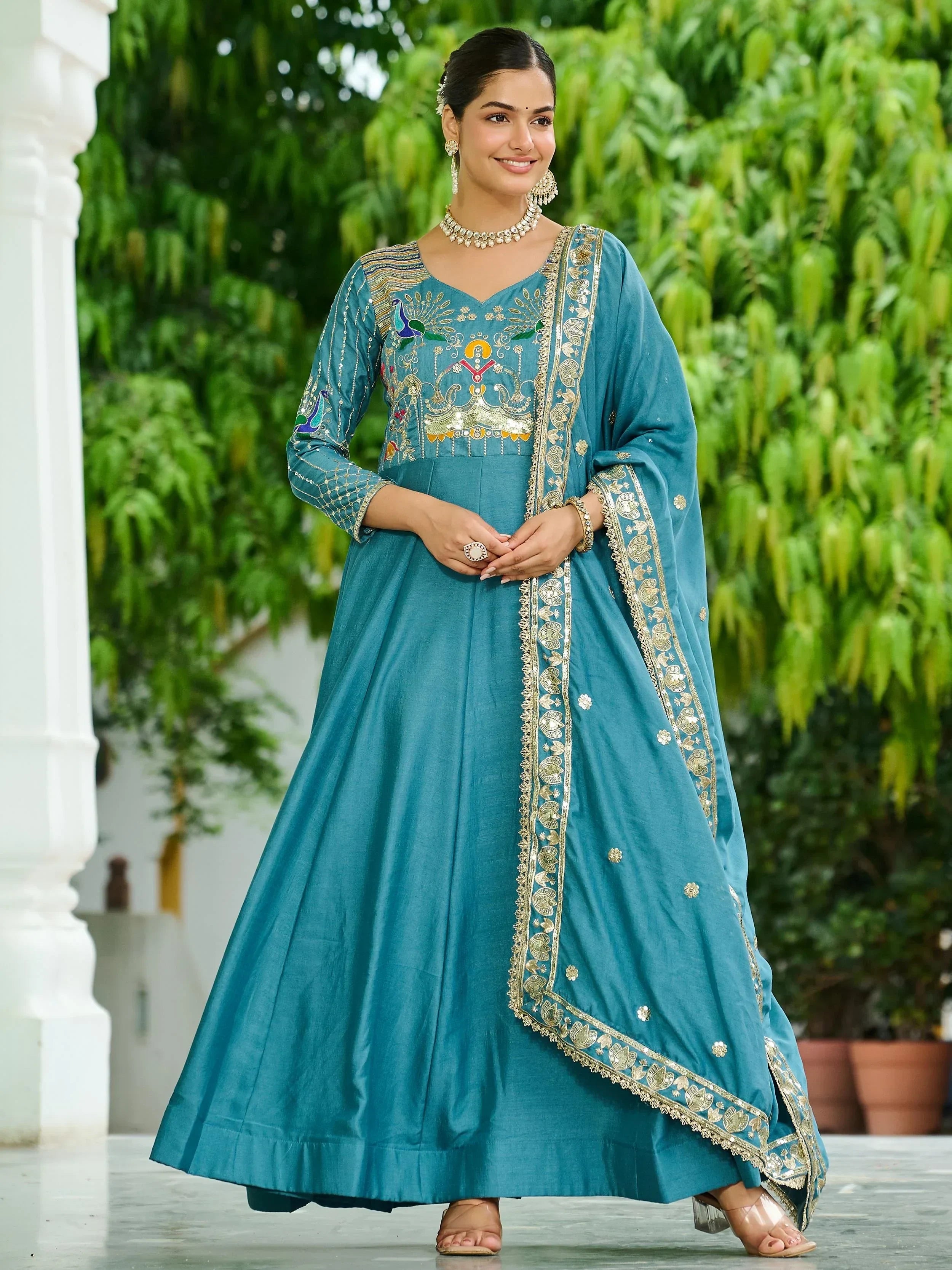 Blue Charming Sequins Silk Festive Wear Gown With Dupatta