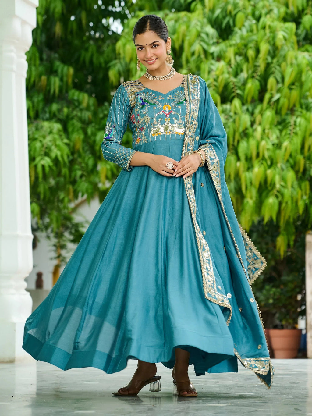 Blue Charming Sequins Silk Festive Wear Gown With Dupatta