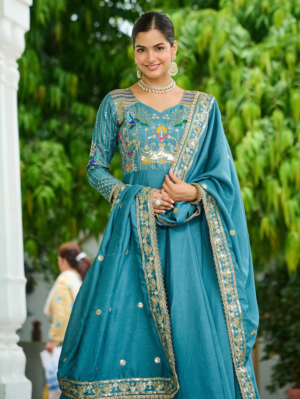Blue Charming Sequins Silk Festive Wear Gown With Dupatta