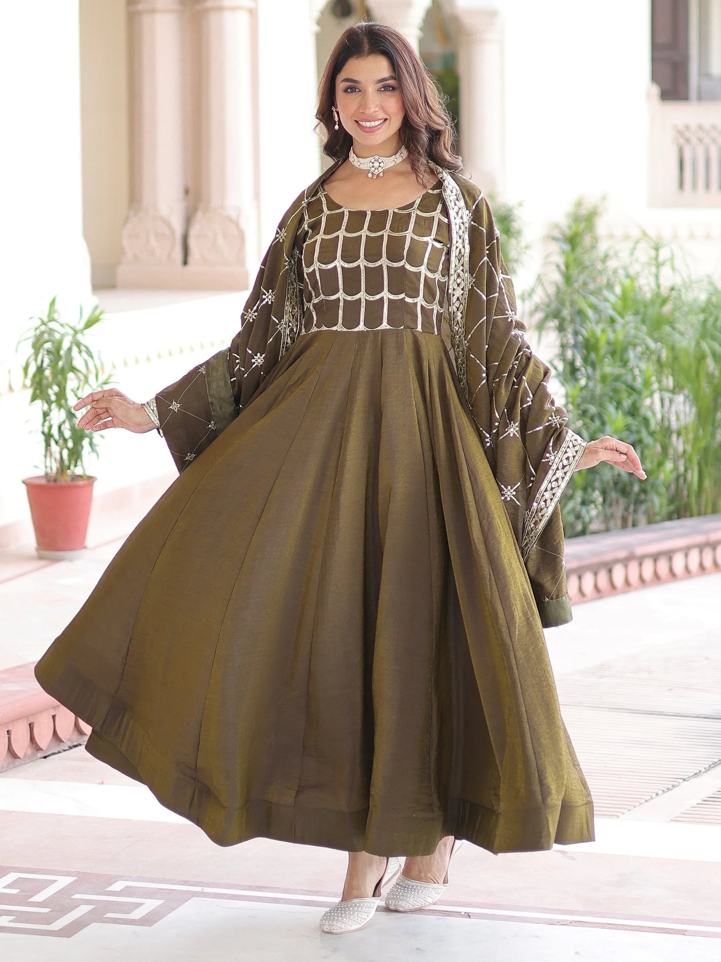 Green Dazzling Zari Embroidered Silk Festival Wear Gown With Dupatta