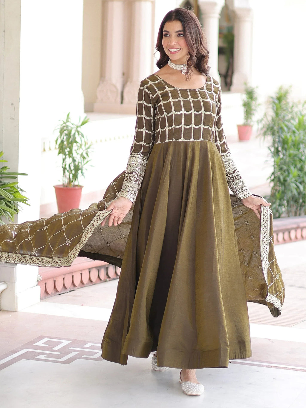 Green Dazzling Zari Embroidered Silk Festival Wear Gown With Dupatta
