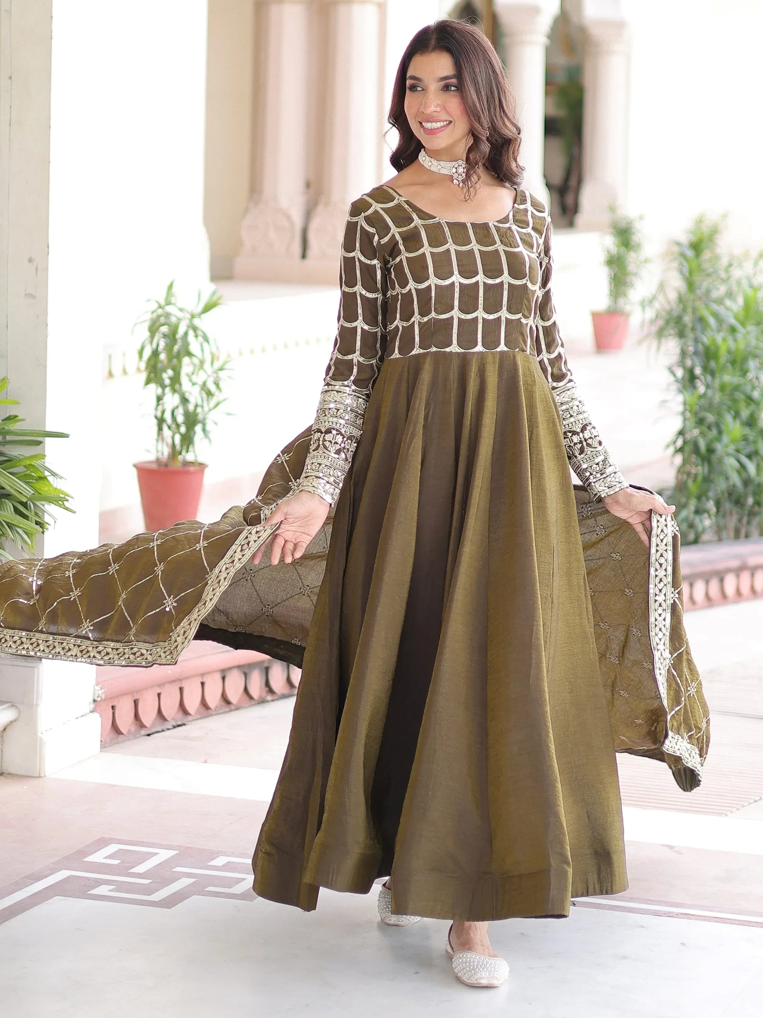 Green Dazzling Zari Embroidered Silk Festival Wear Gown With Dupatta