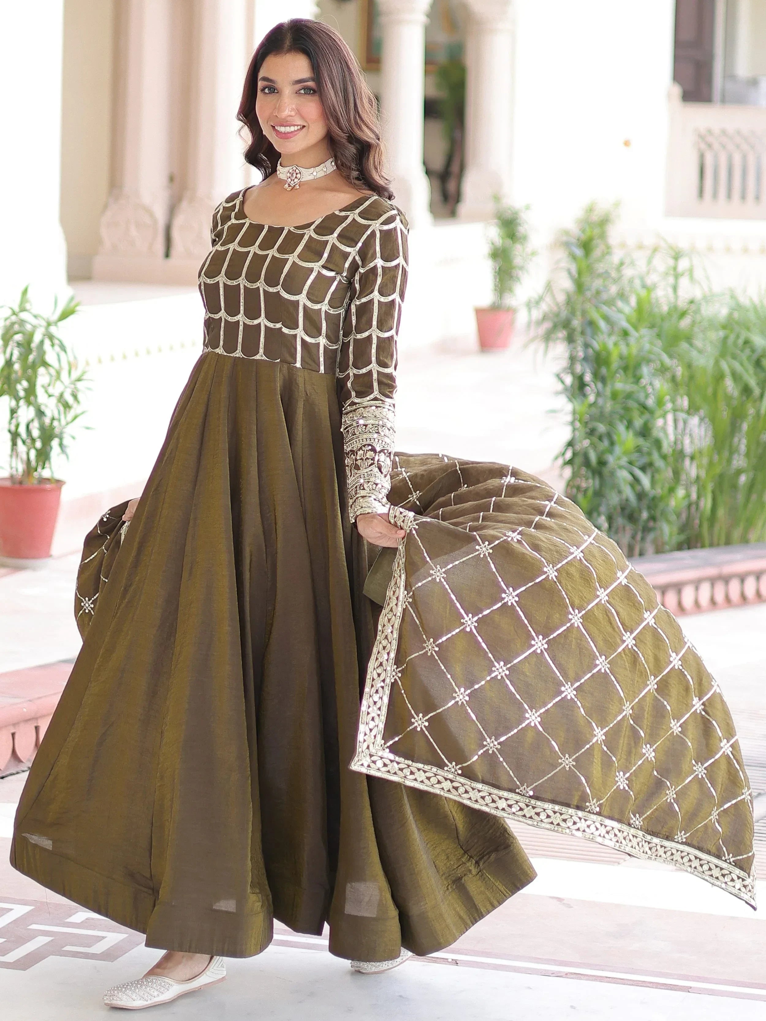 Green Dazzling Zari Embroidered Silk Festival Wear Gown With Dupatta